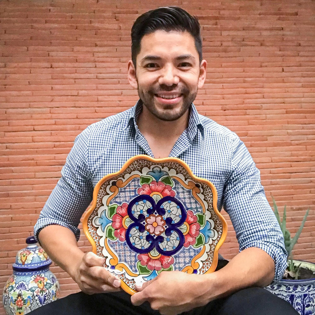 Talavera-Style Ceramic Serving Dish from Mexico - Zacatlan Flowers
