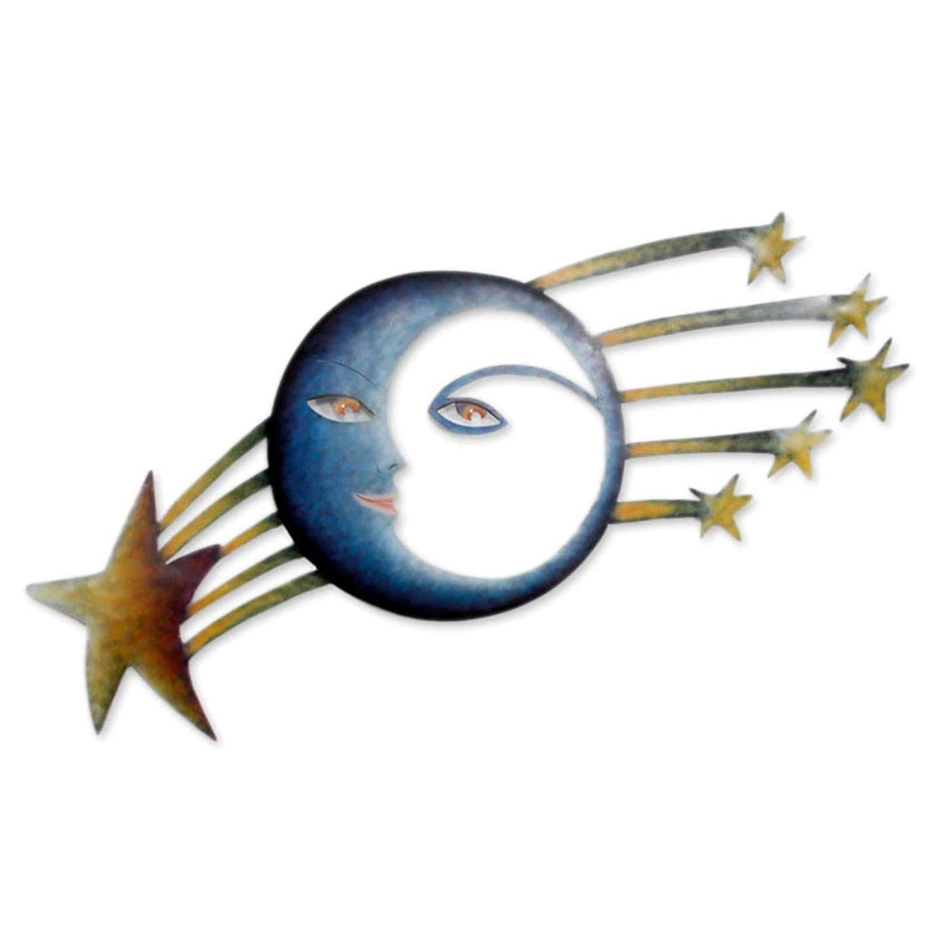 Fair Trade Sun and Moon Steel Yellow and Blue Wall Art - Cosmic Consciousness