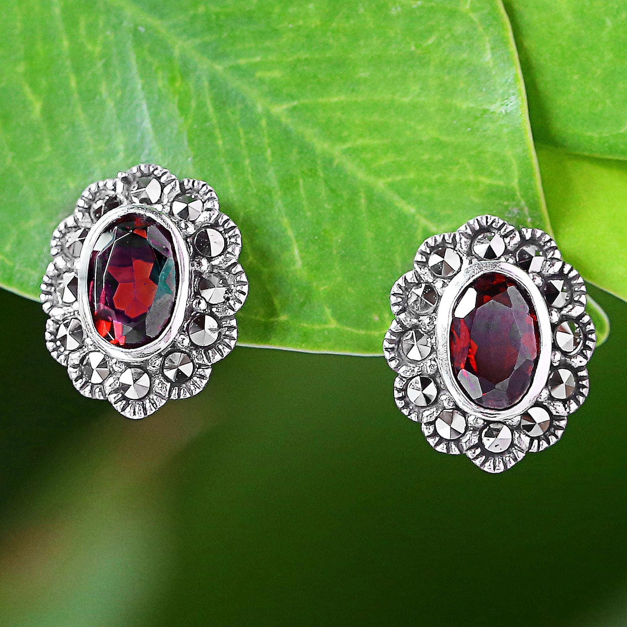 Garnet and Marcasite Stud Earrings from Thailand - Red Lotus Flowers