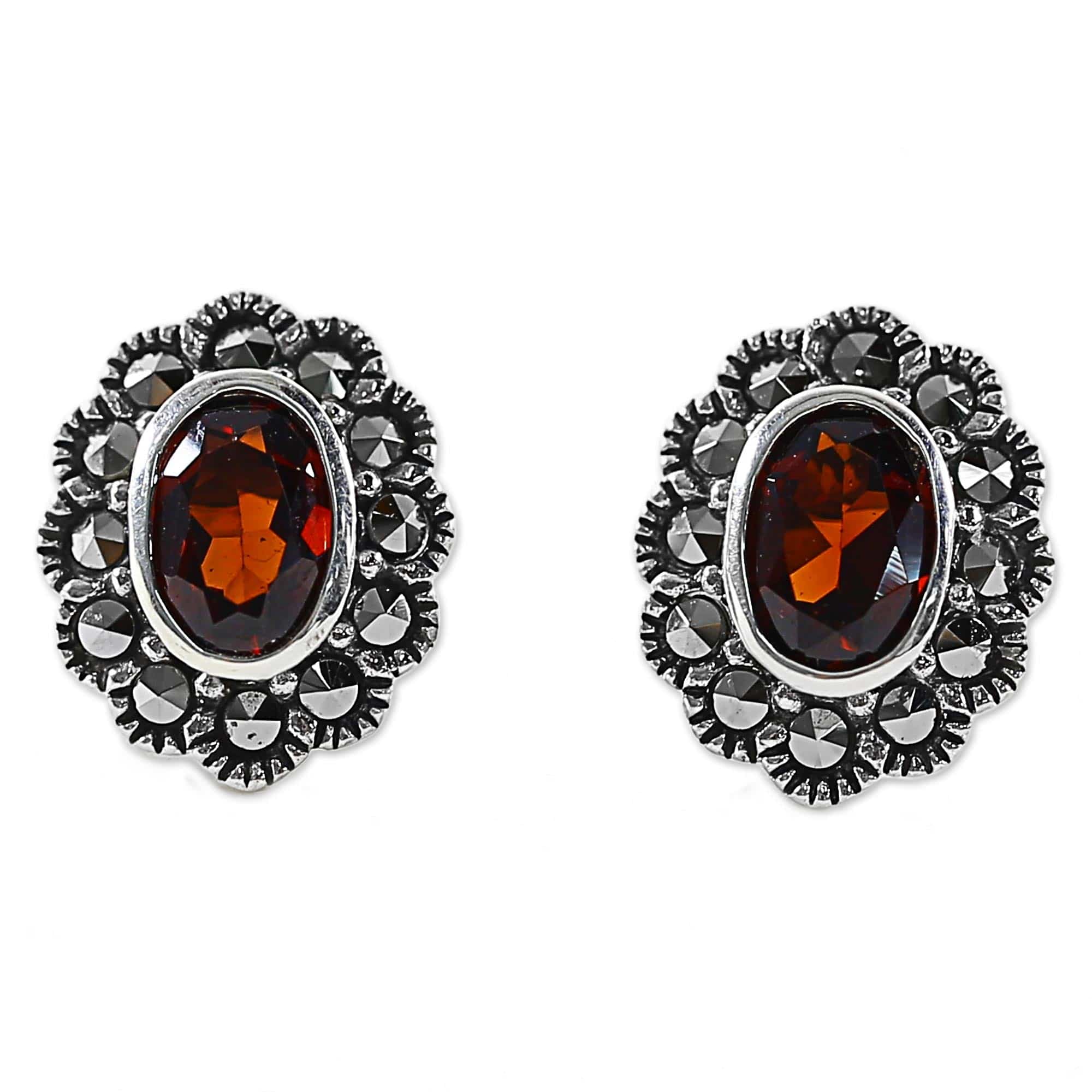 Garnet and Marcasite Stud Earrings from Thailand - Red Lotus Flowers
