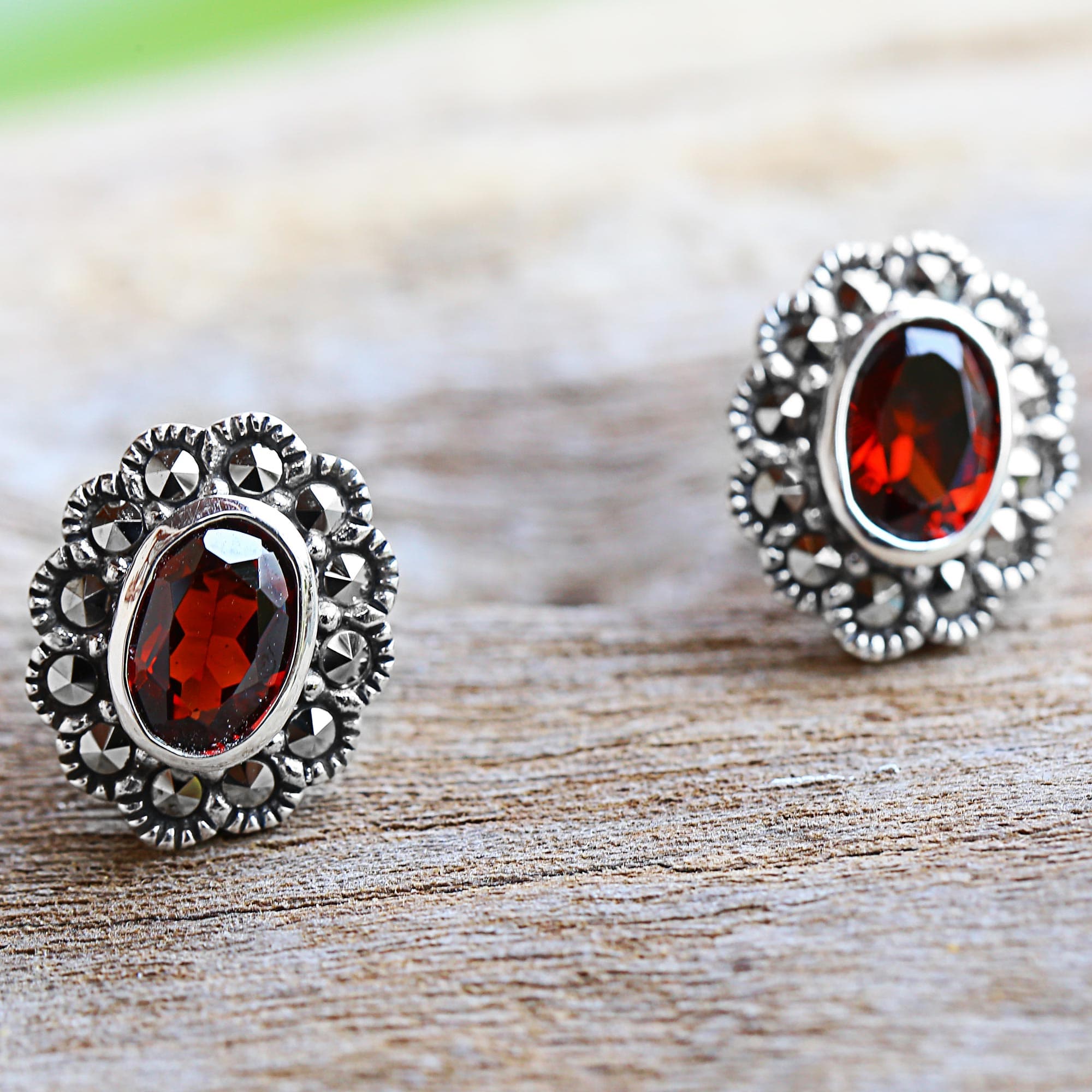 Garnet and Marcasite Stud Earrings from Thailand - Red Lotus Flowers