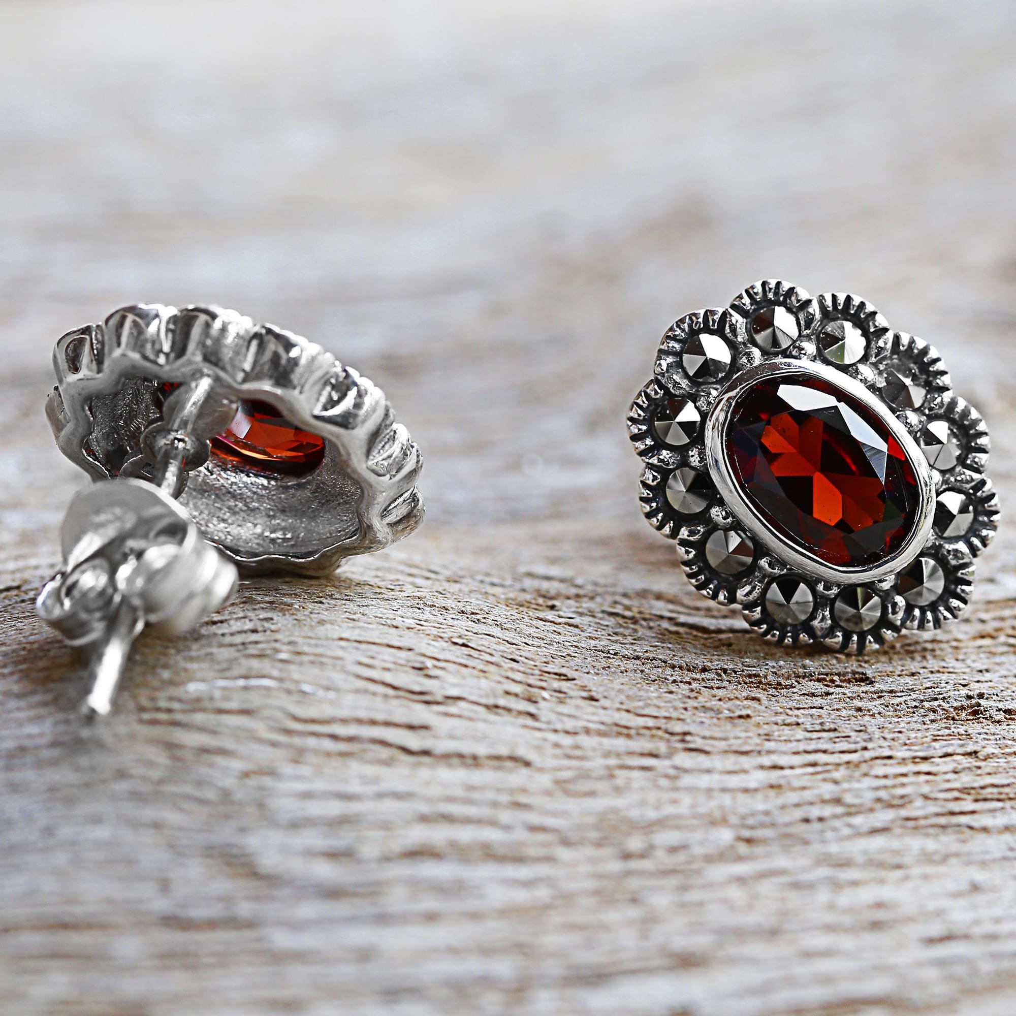 Garnet and Marcasite Stud Earrings from Thailand - Red Lotus Flowers