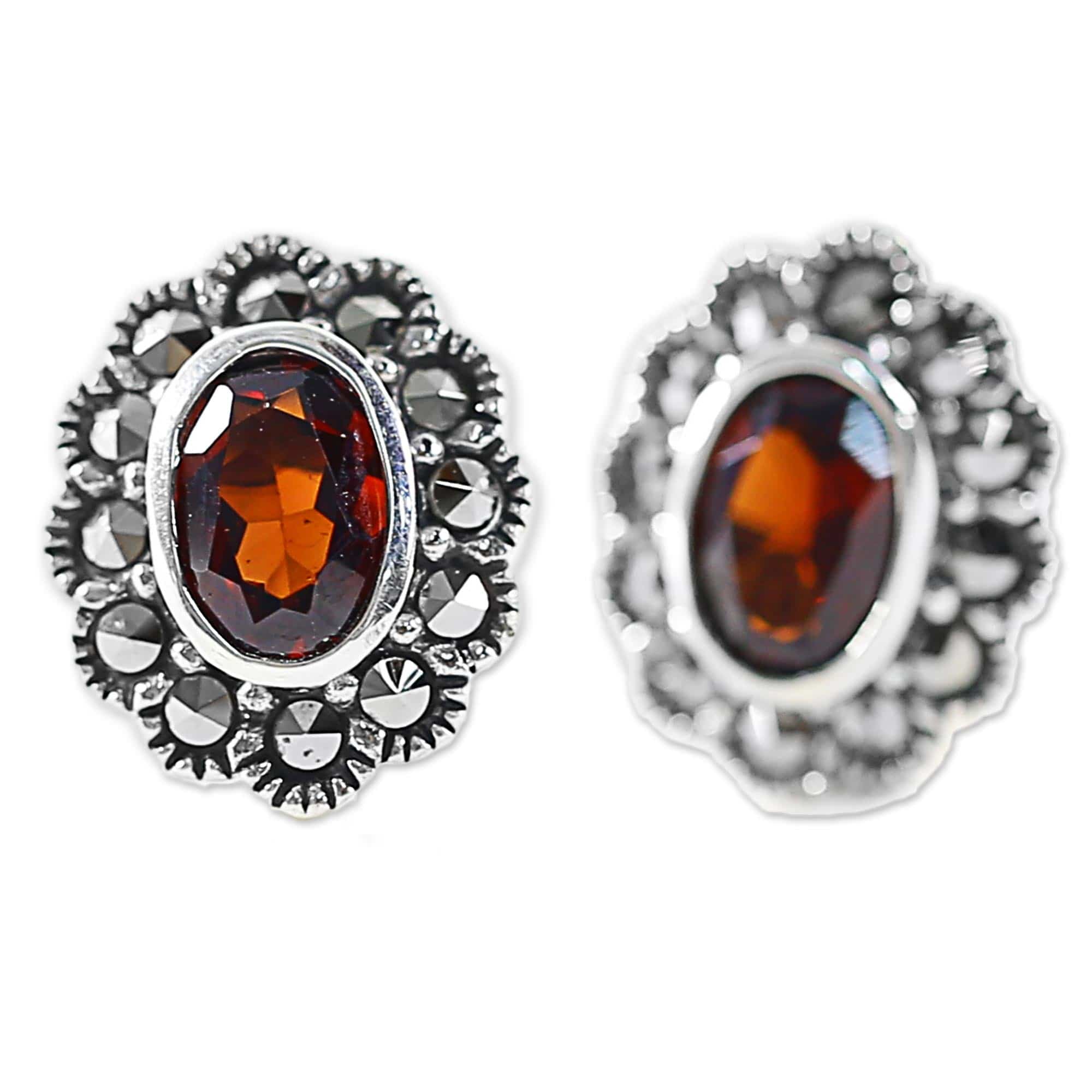 Garnet and Marcasite Stud Earrings from Thailand - Red Lotus Flowers