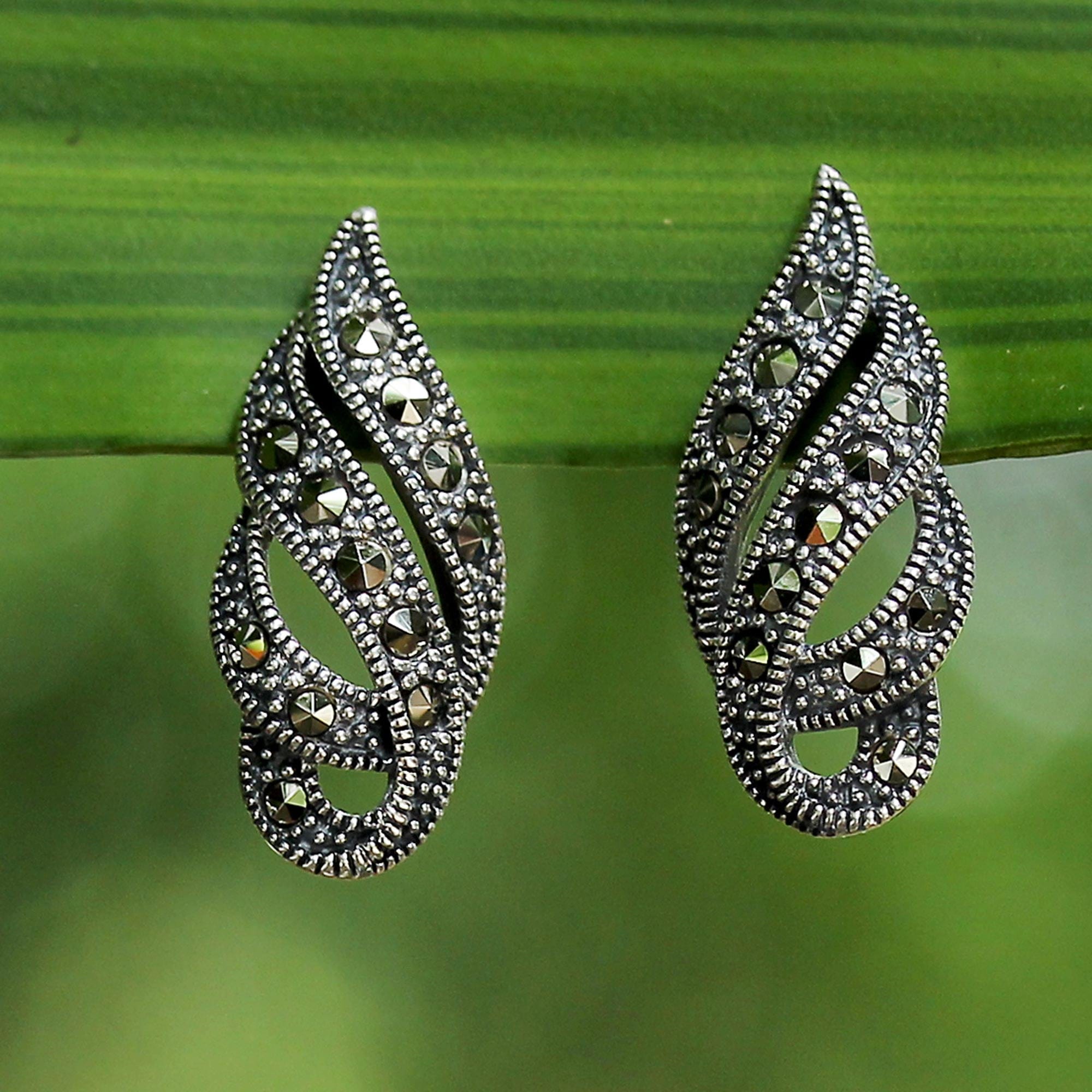 Marcasite and Sterling Silver Button Earrings from Thailand - Glistening Ribbons