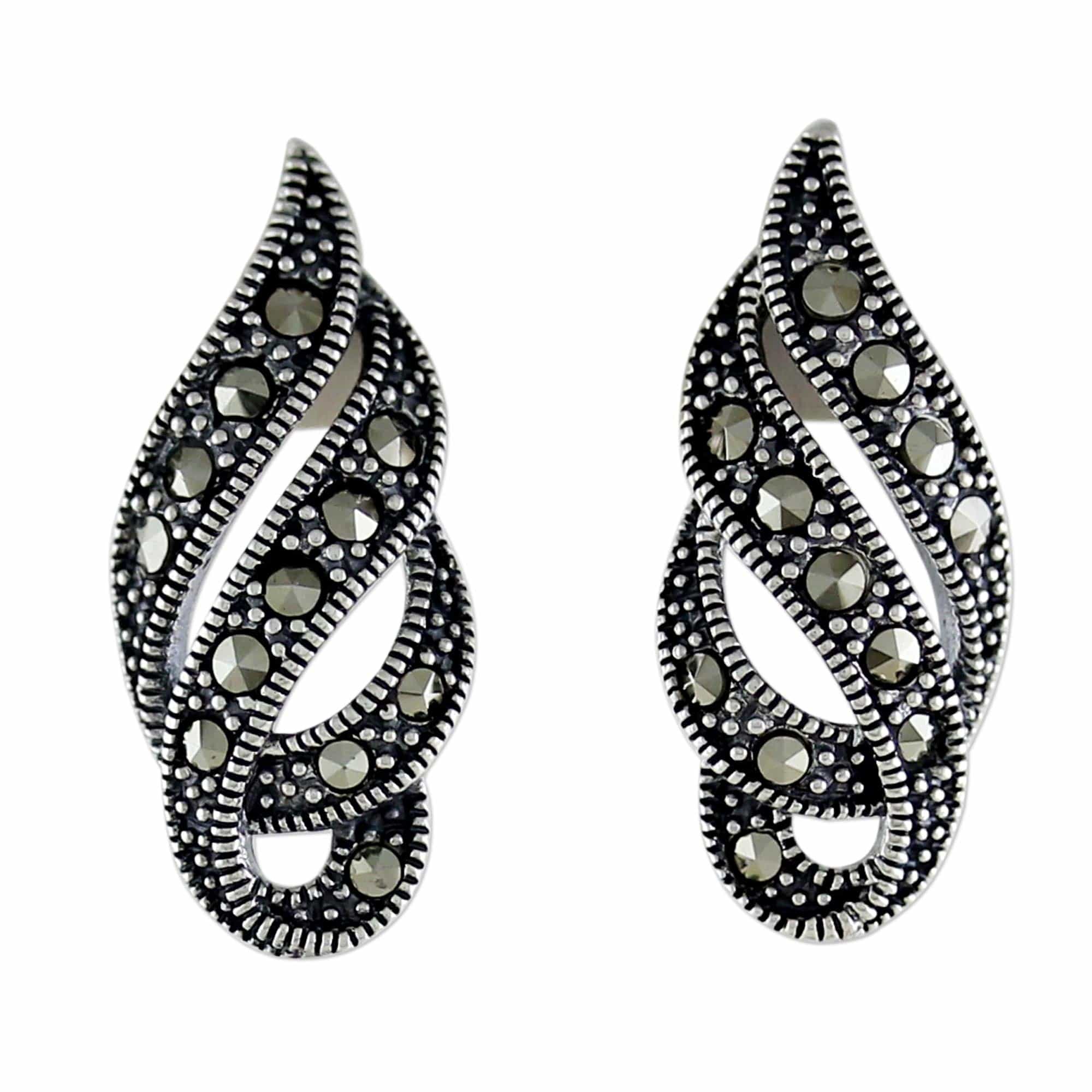 Marcasite and Sterling Silver Button Earrings from Thailand - Glistening Ribbons