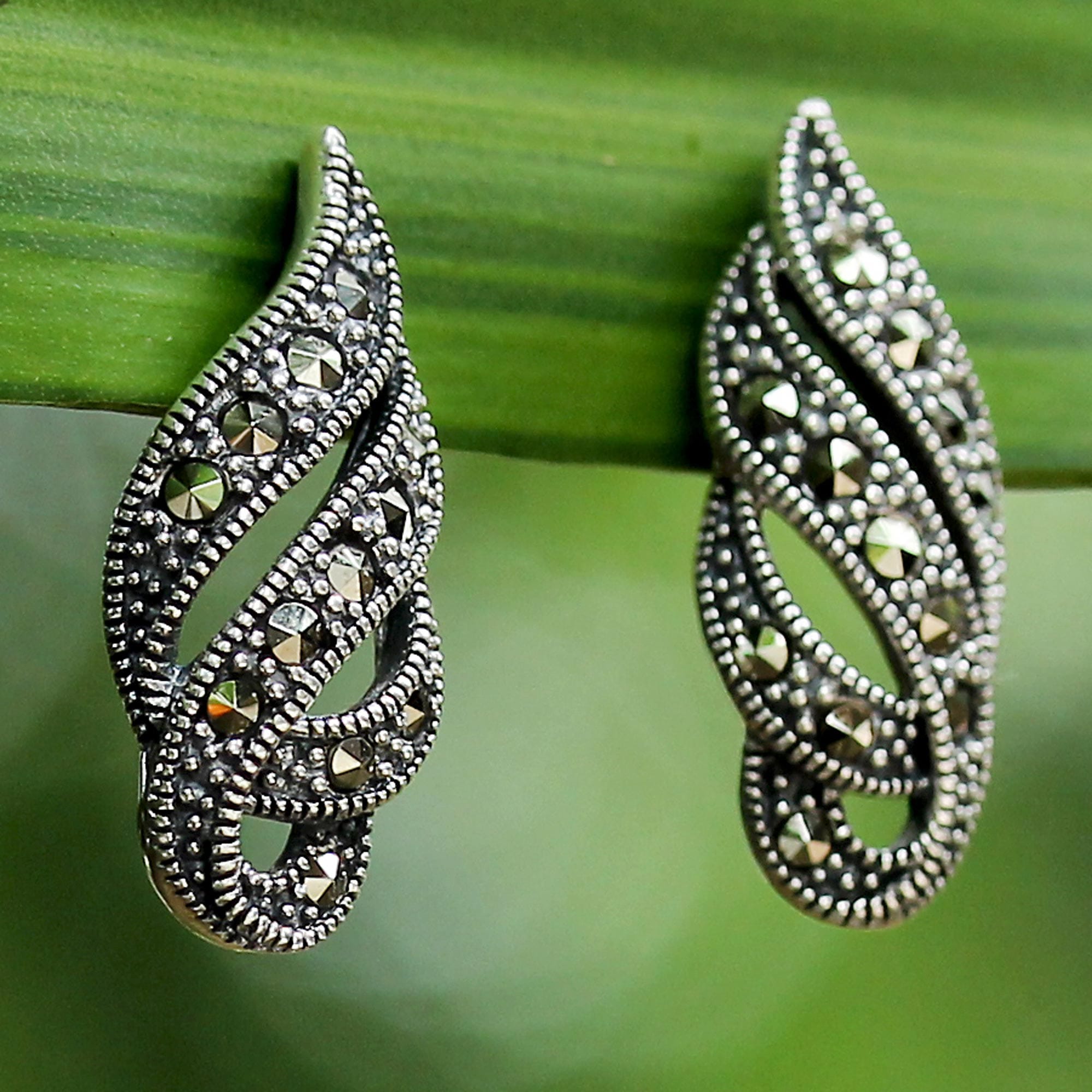 Marcasite and Sterling Silver Button Earrings from Thailand - Glistening Ribbons