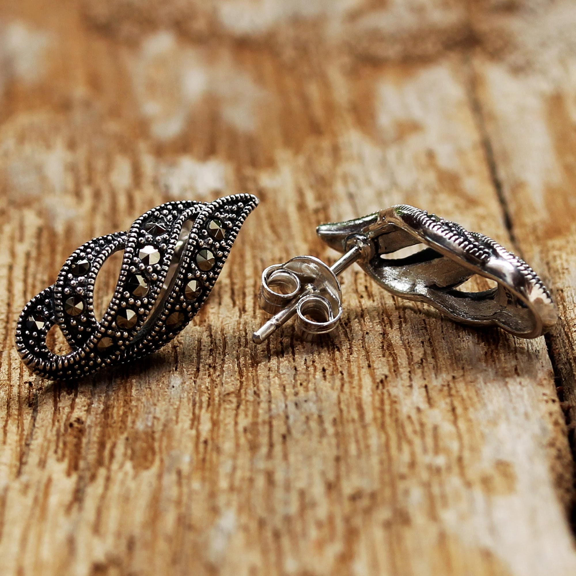 Marcasite and Sterling Silver Button Earrings from Thailand - Glistening Ribbons