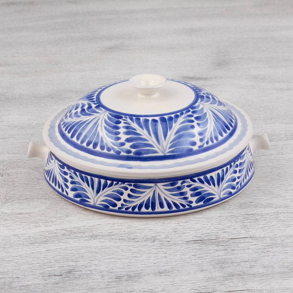 Blue and White 8.5 Inch Majolica Tortilla Warmer from Mexico - Taste of Mexico