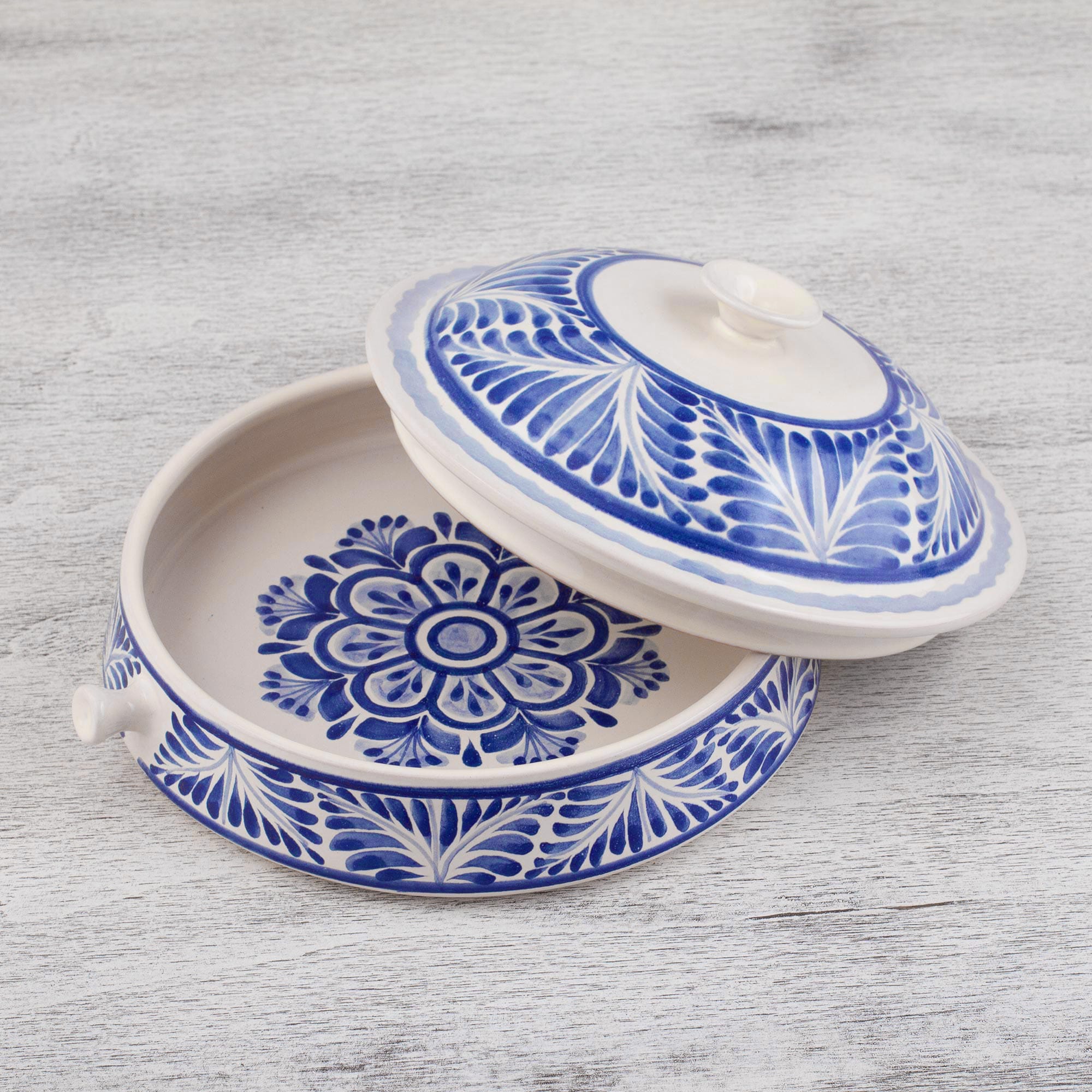 Blue and White 8.5 Inch Majolica Tortilla Warmer from Mexico - Taste of Mexico