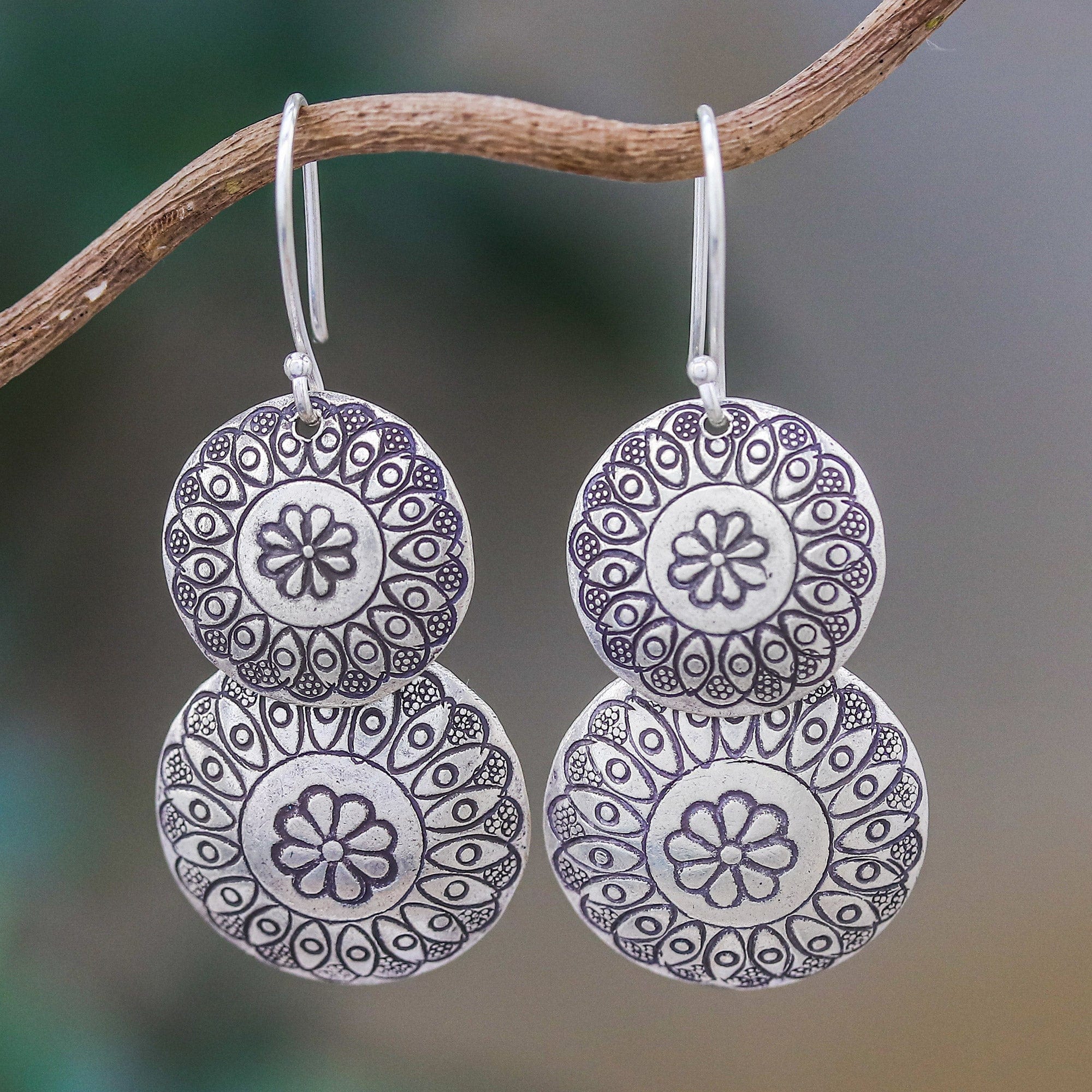 Floral Karen Silver Dangle Earrings from Thailand - La Na Flowers