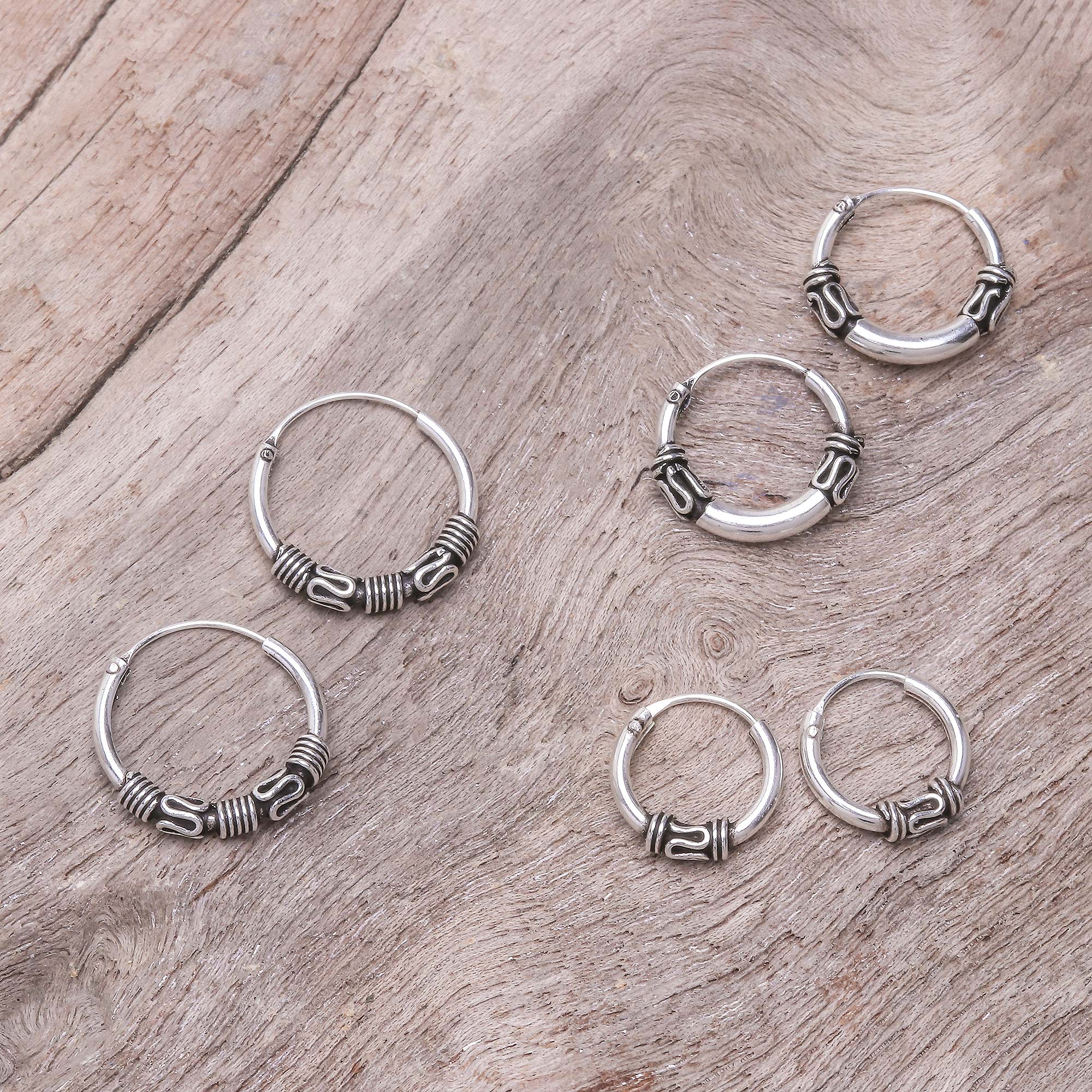 Wave Pattern Sterling Silver Hoop Earrings (Set of 3) - Thai Tradition