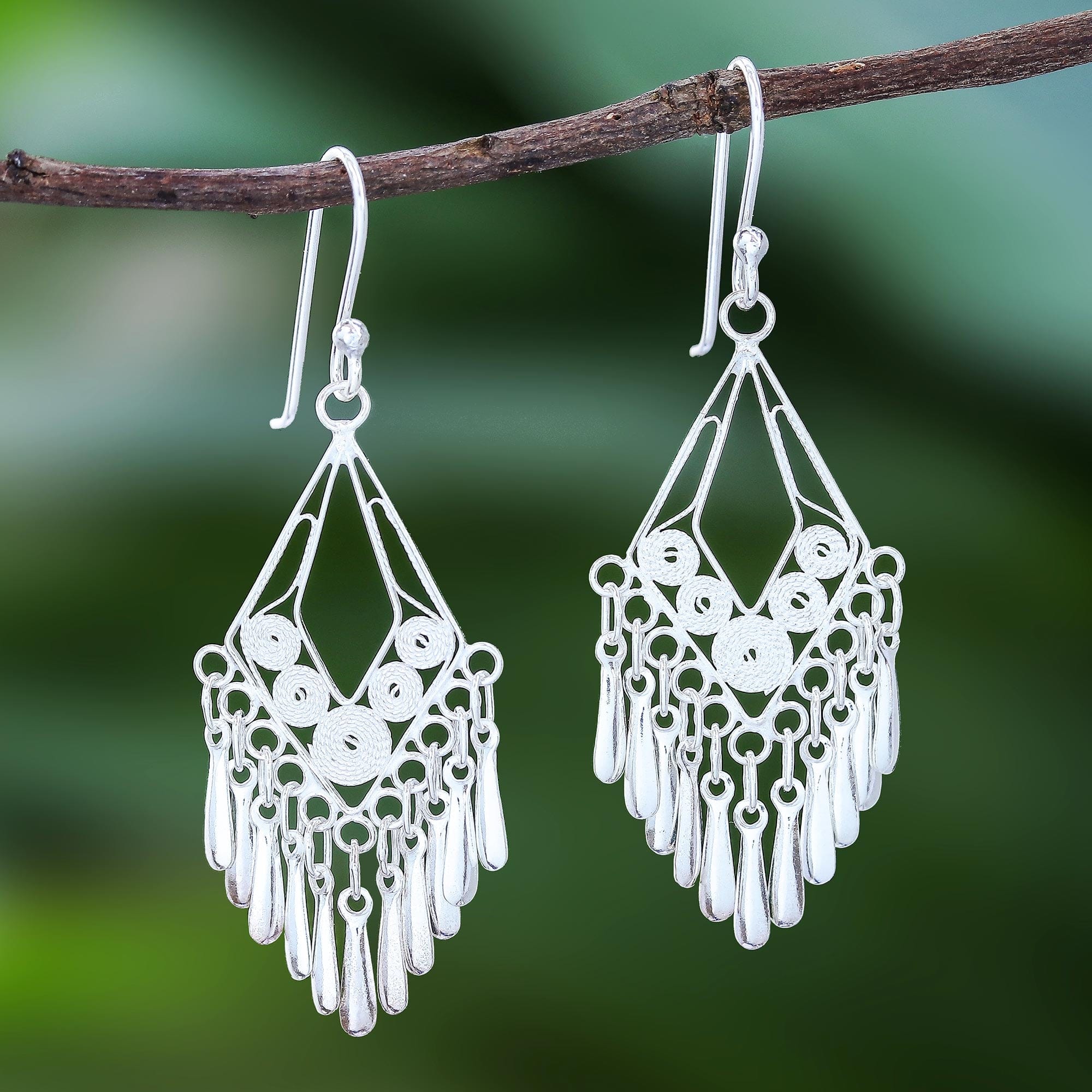 Diamond-Shaped Sterling Silver Filigree Chandelier Earrings - Diamond Swing