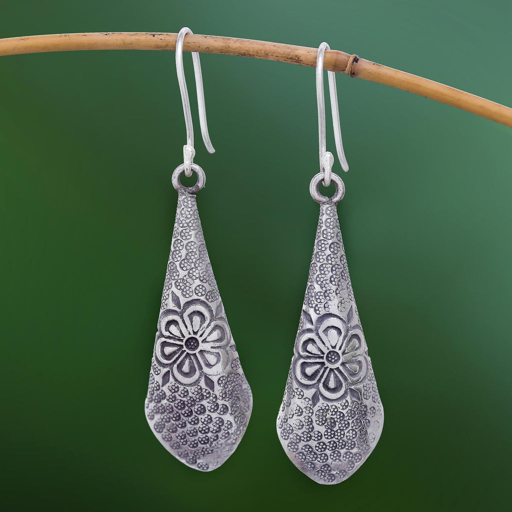 Floral Motif Karen Silver Dangle Earrings from Thailand - Karen Fantasy