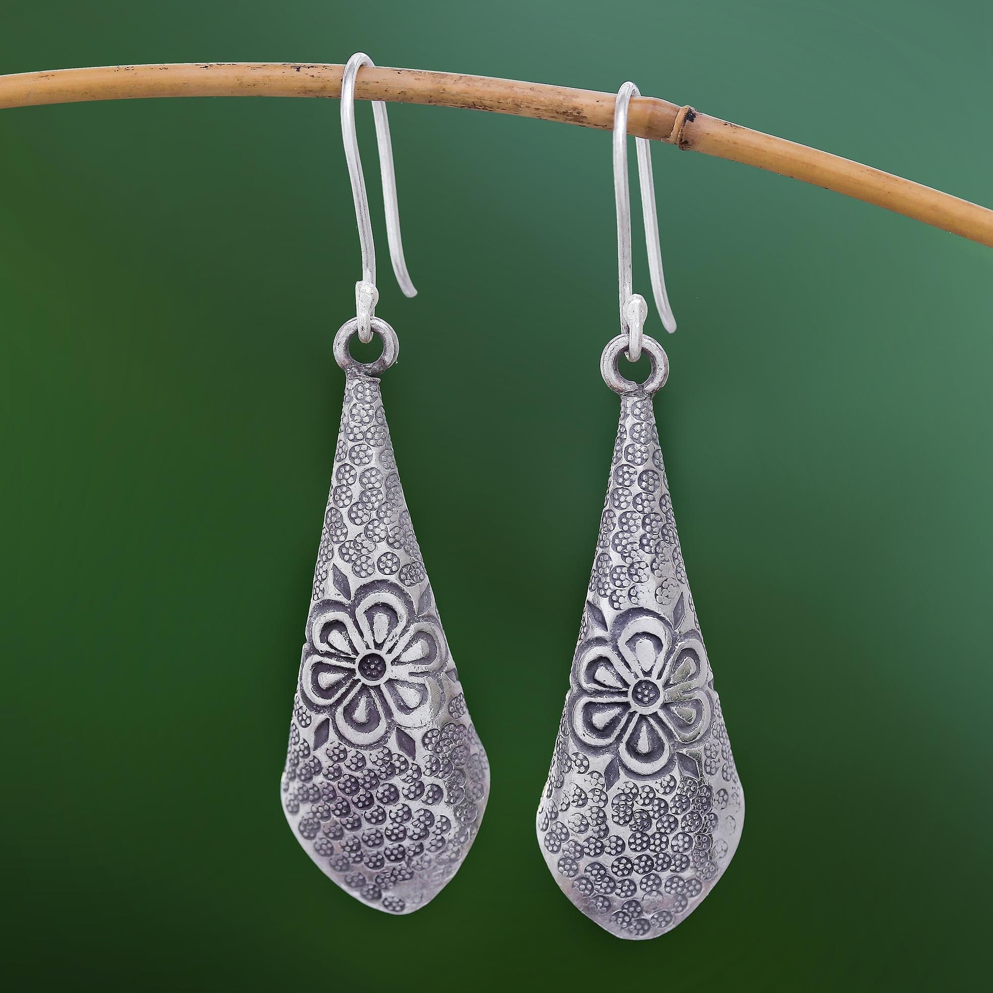 Floral Motif Karen Silver Dangle Earrings from Thailand - Karen Fantasy