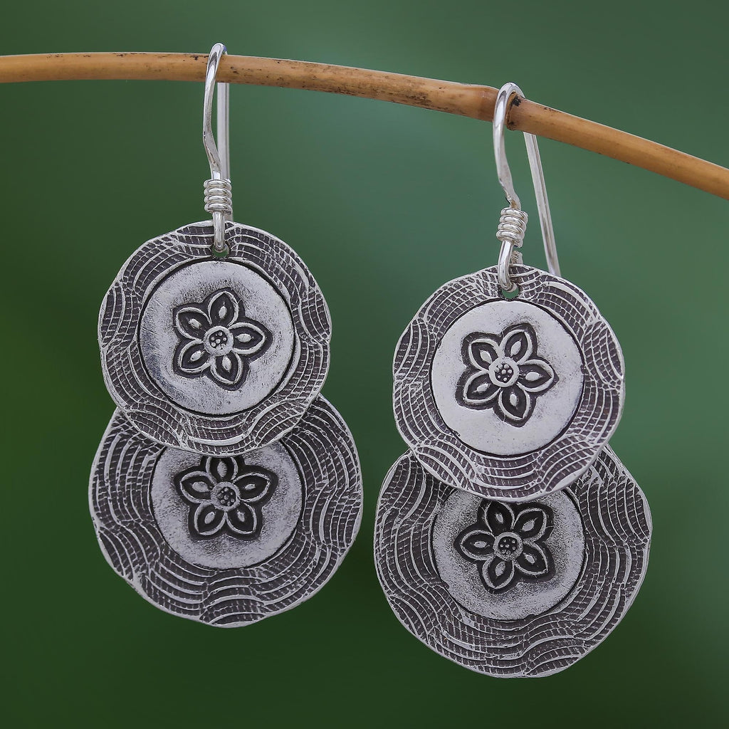Round Floral Karen Silver Dangle Earrings from Thailand - Floral Cyclones