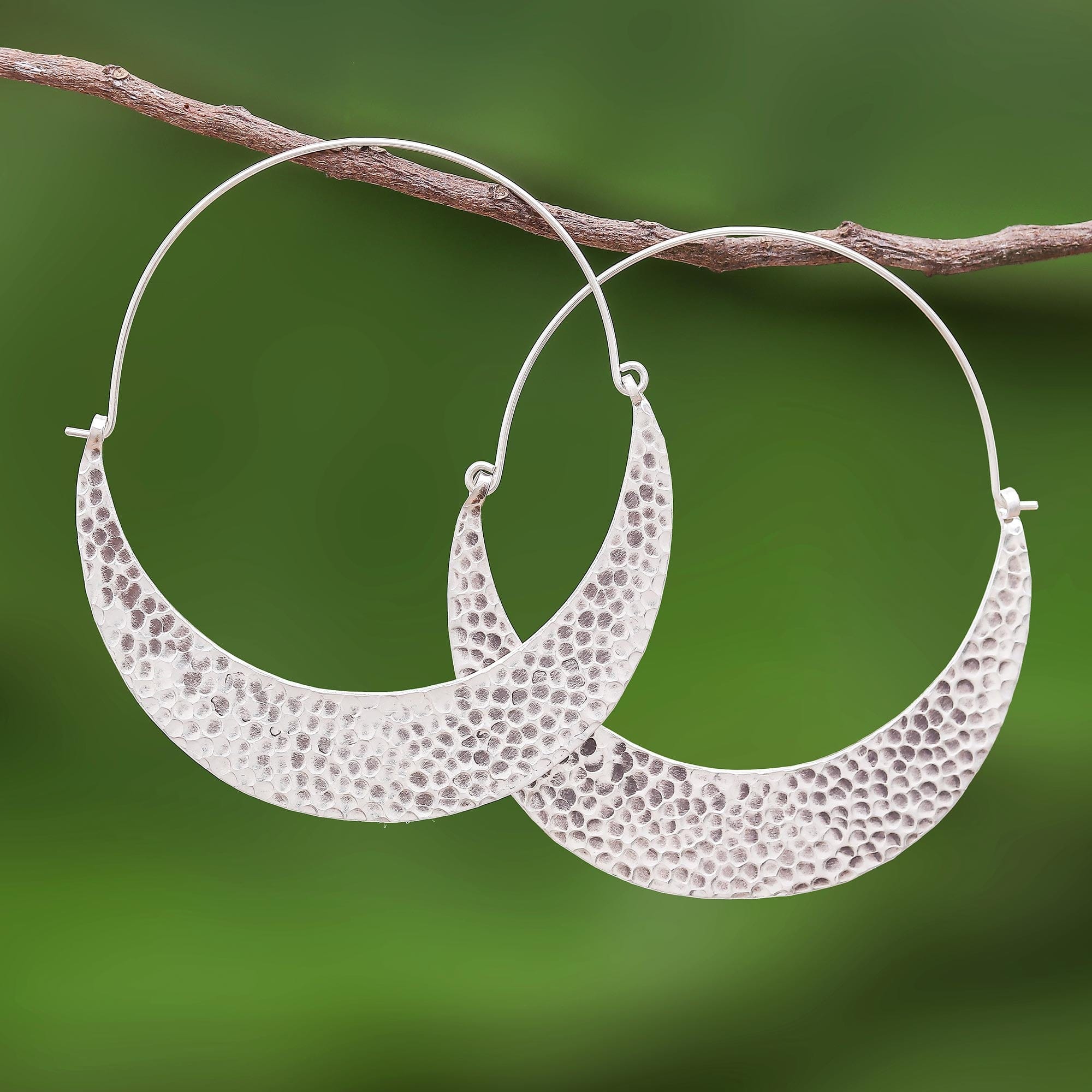 Hammered Sterling Silver Hoop Earrings - Crescent Swing