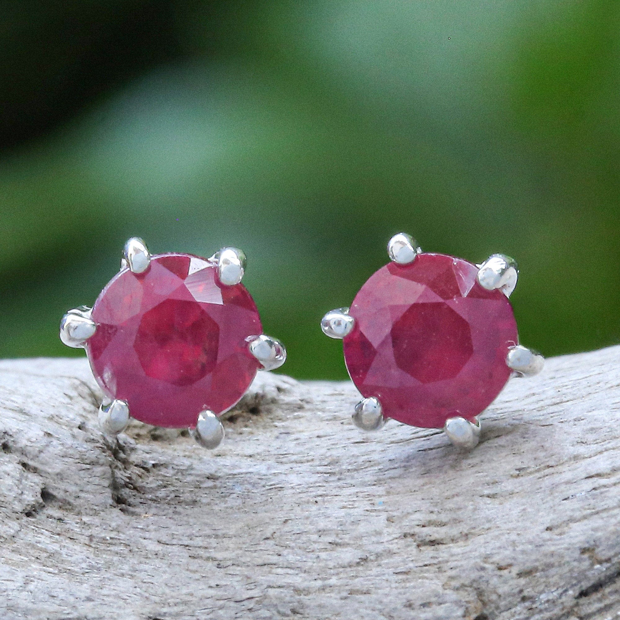 Handmade Ruby and Sterling Silver Stud Earrings - Catch a Star in Pink