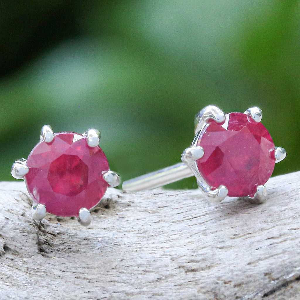Handmade Ruby and Sterling Silver Stud Earrings - Catch a Star in Pink
