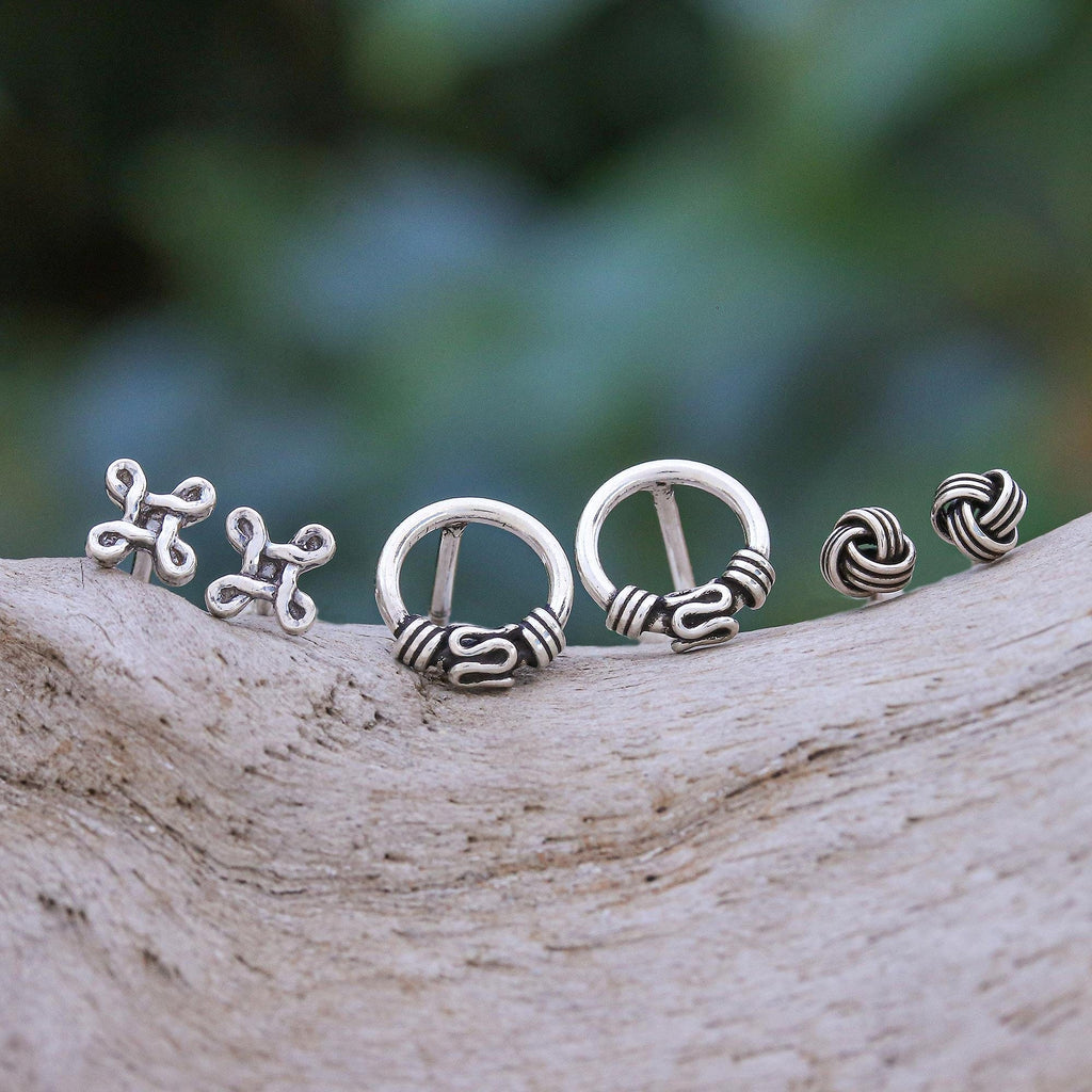 Hand Crafted Sterling Silver Stud Earrings (Set of 3) - Daily Sparkle