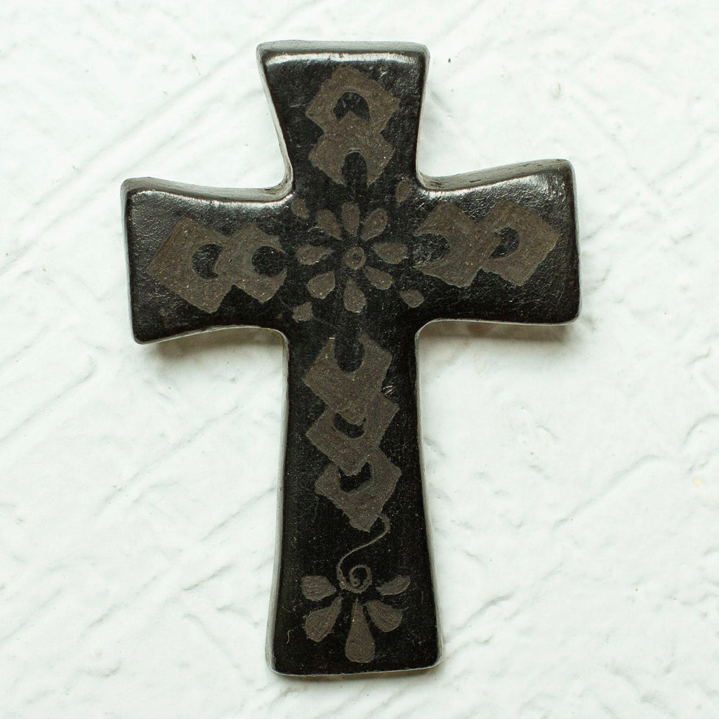 Handcrafted Barro Negro Wall Cross from Mexico - Little Flower of Prayers