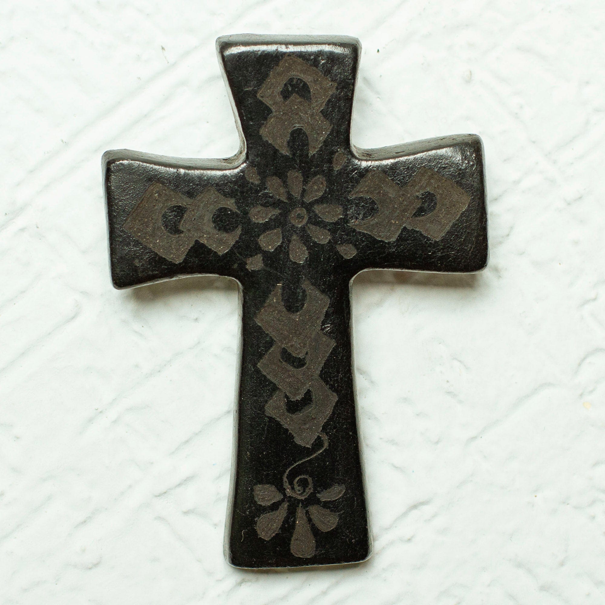 Handcrafted Barro Negro Wall Cross from Mexico - Little Flower of Prayers