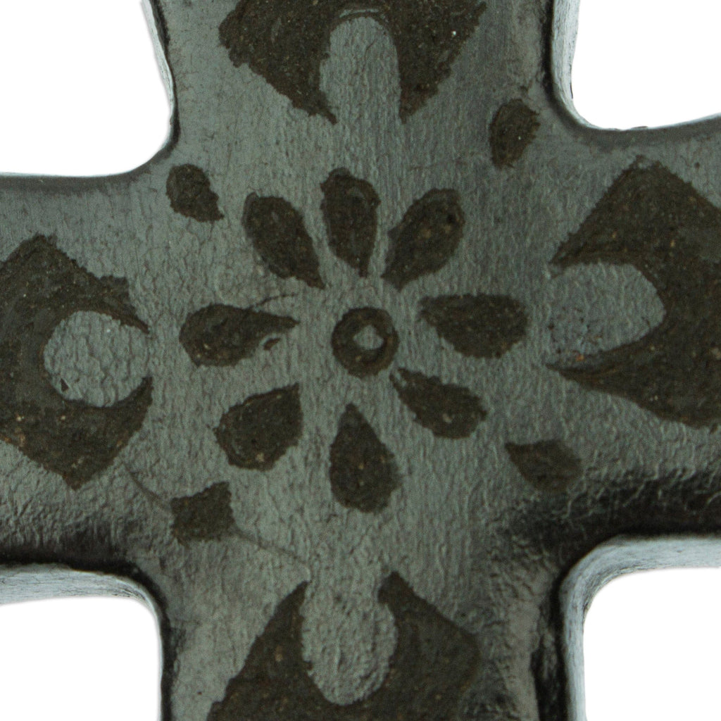 Handcrafted Barro Negro Wall Cross from Mexico - Little Flower of Prayers
