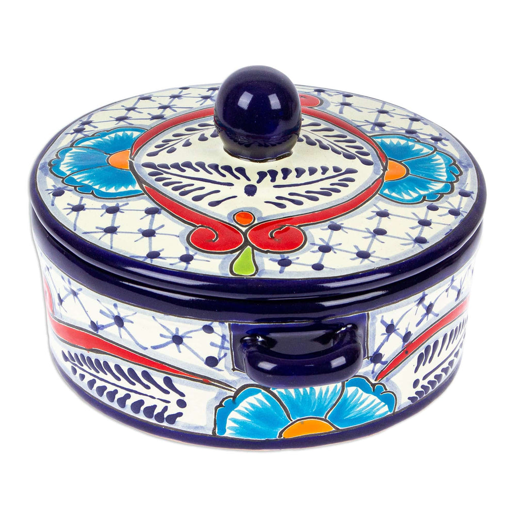 Mexican Talavera Style Blue and Red Ceramic Tortilla Warmer - Marvelous Flowers