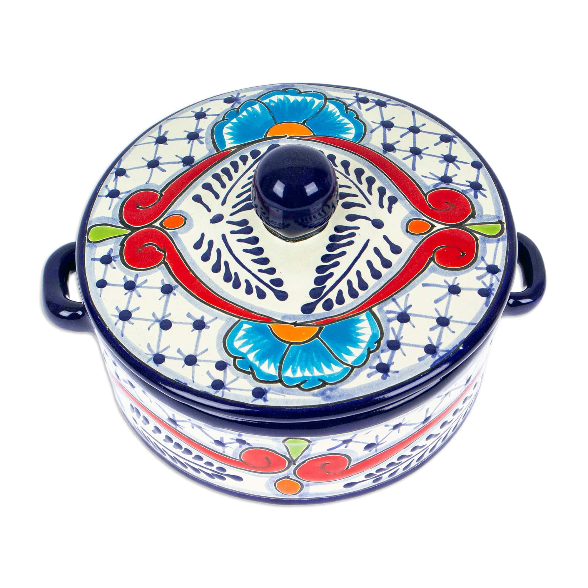 Mexican Talavera Style Blue and Red Ceramic Tortilla Warmer - Marvelous Flowers