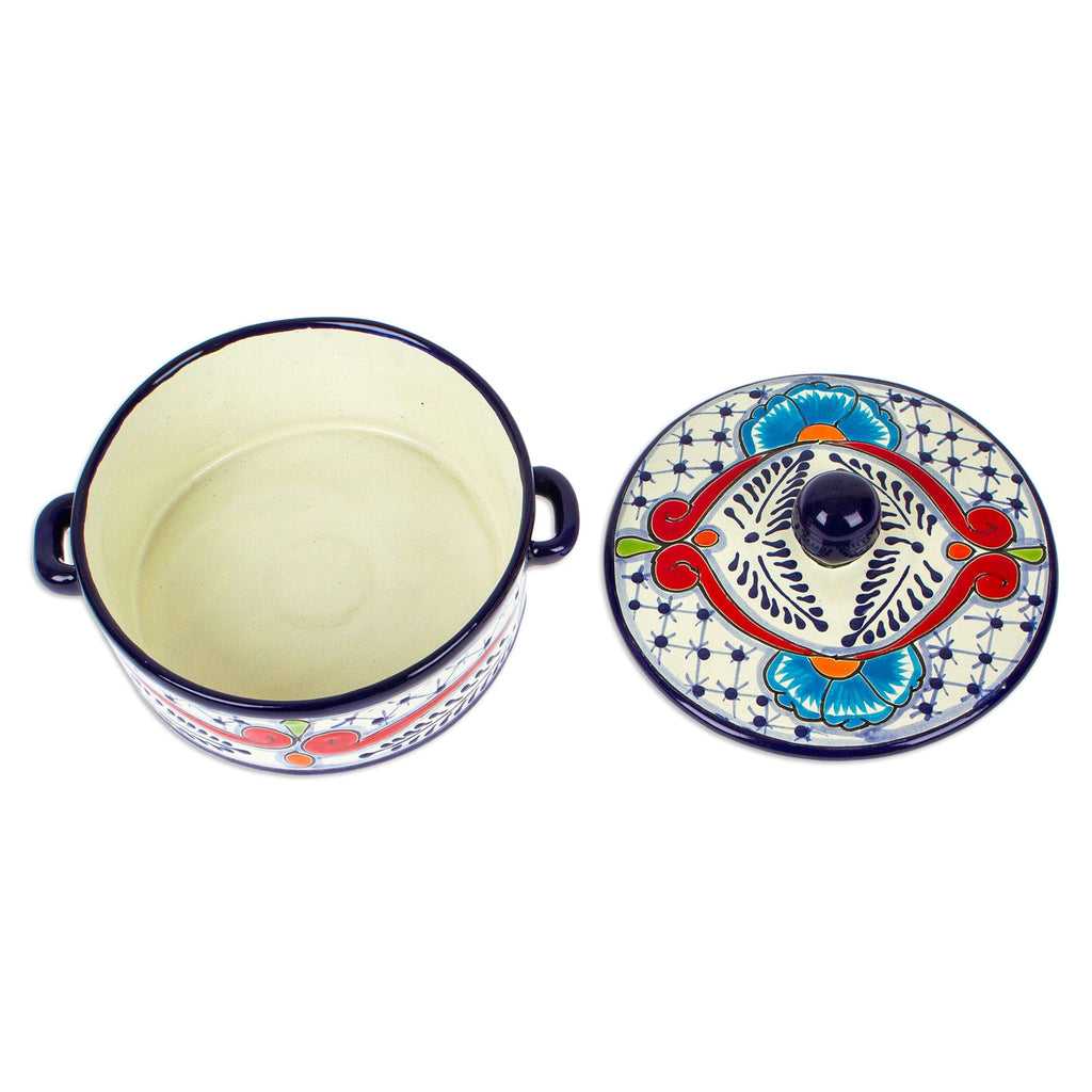 Mexican Talavera Style Blue and Red Ceramic Tortilla Warmer - Marvelous Flowers