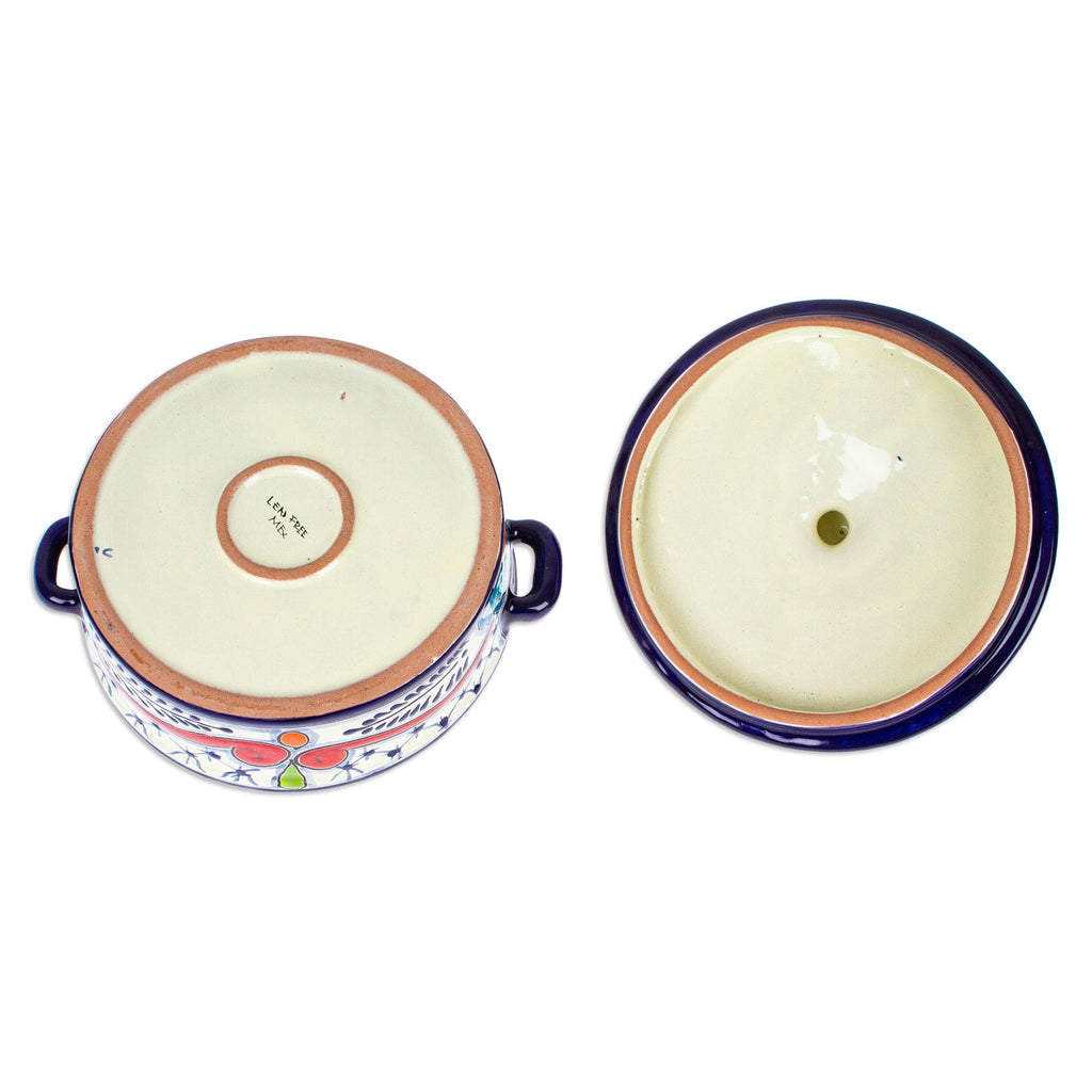 Mexican Talavera Style Blue and Red Ceramic Tortilla Warmer - Marvelous Flowers