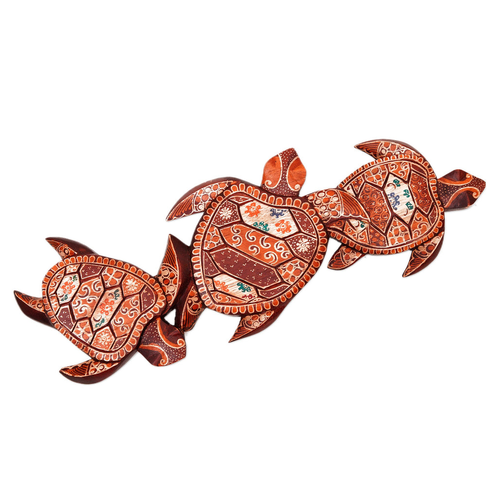 Handcrafted Batik Turtle-Themed Pule Wood Wall Art from Java - Family Turtle