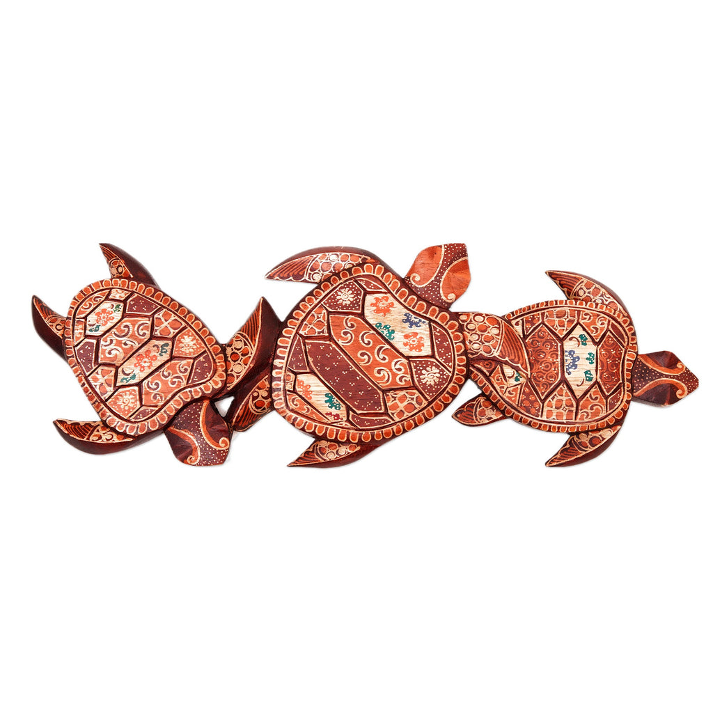 Handcrafted Batik Turtle-Themed Pule Wood Wall Art from Java - Family Turtle