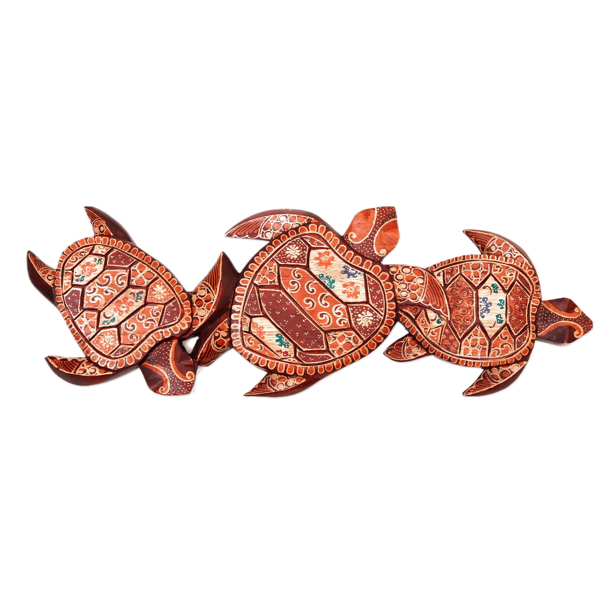 Handcrafted Batik Turtle-Themed Pule Wood Wall Art from Java - Family Turtle