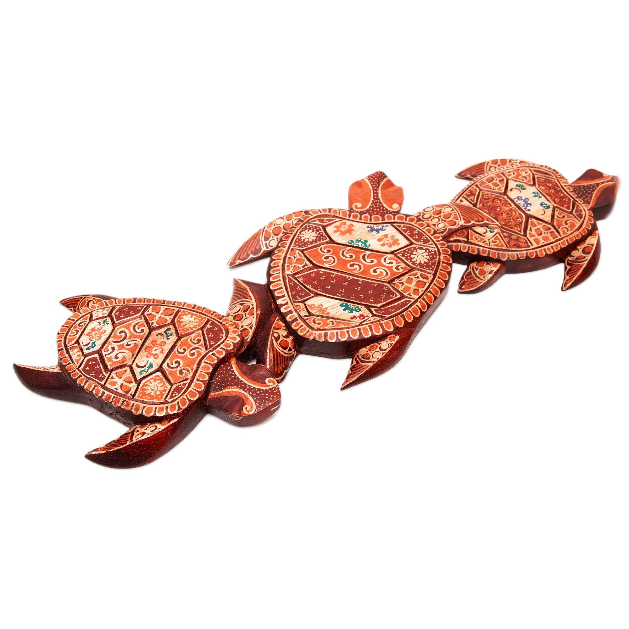 Handcrafted Batik Turtle-Themed Pule Wood Wall Art from Java - Family Turtle