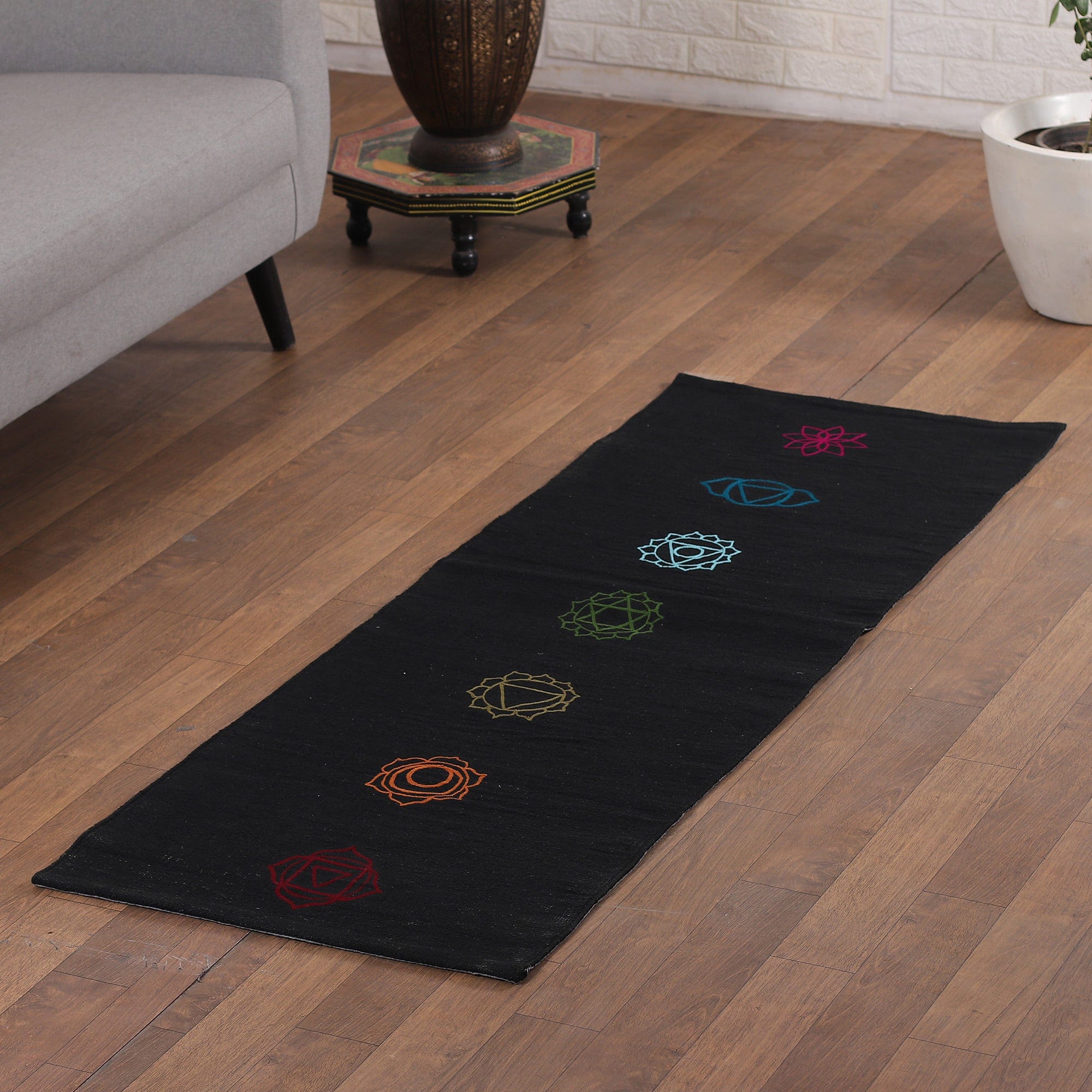 Chakra-Themed Embroidered Cotton Yoga Mat in Black (2x6) - Chakras in Black