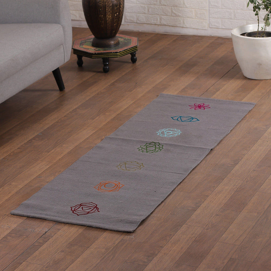Chakra-Themed Embroidered Cotton Yoga Mat in Grey (2x6) - Chakras in Grey