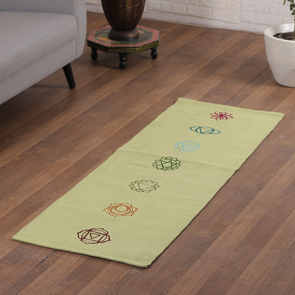 Chakra-Themed Embroidered Cotton Yoga Mat in Green (2x6) - Chakras in Green