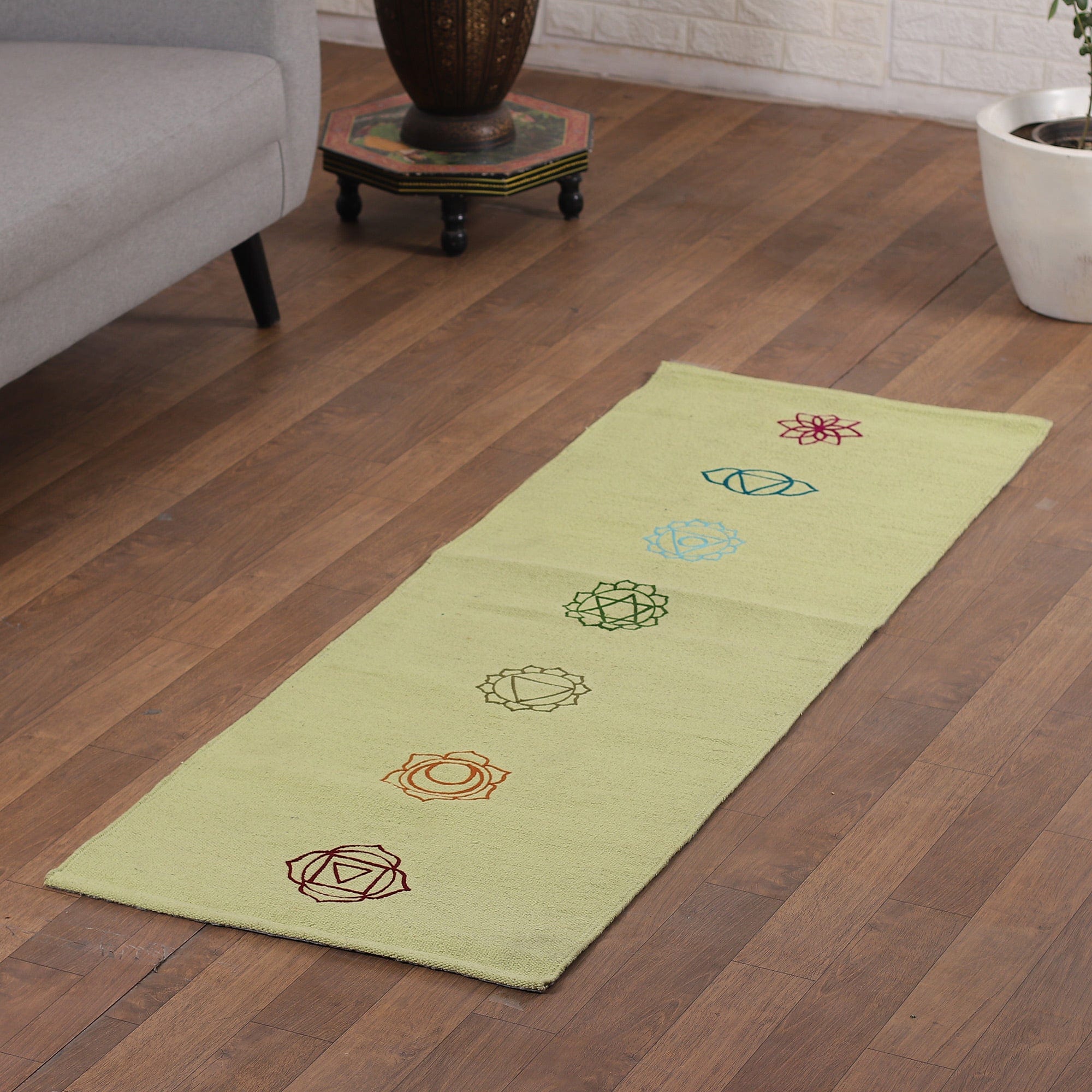 Chakra-Themed Embroidered Cotton Yoga Mat in Green (2x6) - Chakras in Green