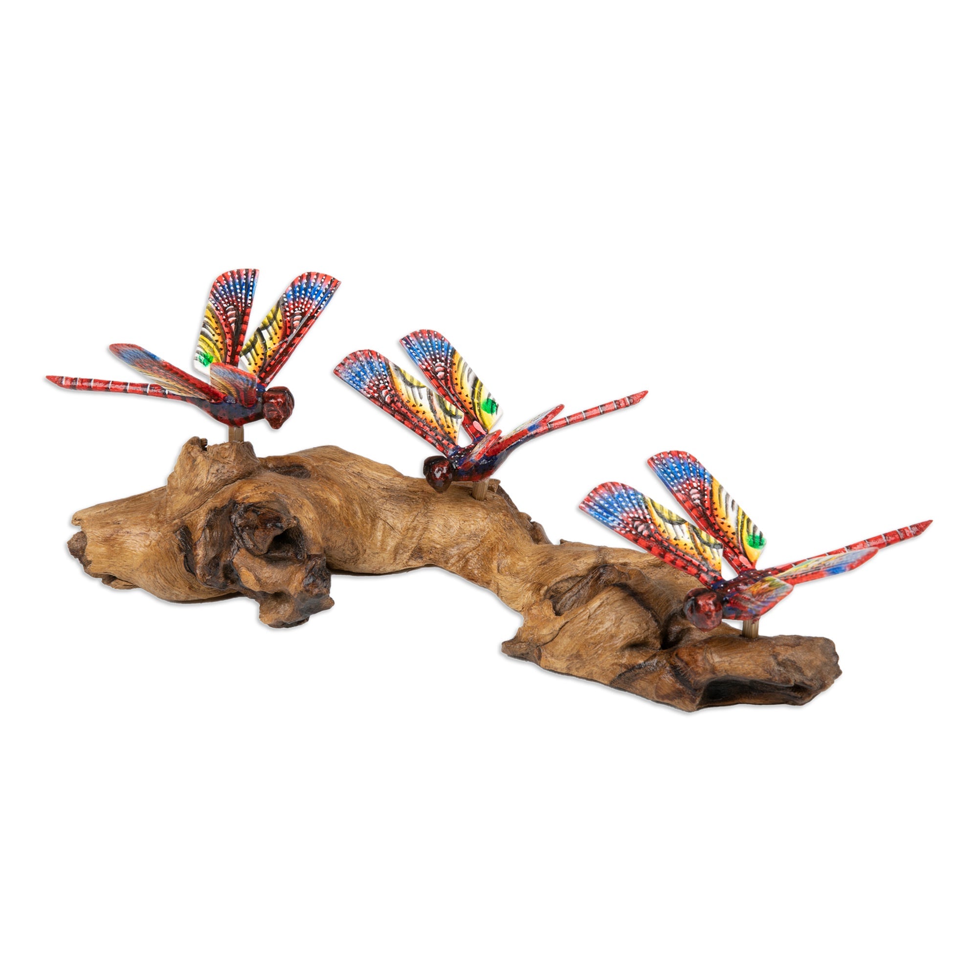 Wood Wall Art with Hand-Painted Dragonfly Motifs from Bali - Crimson Dragonfly