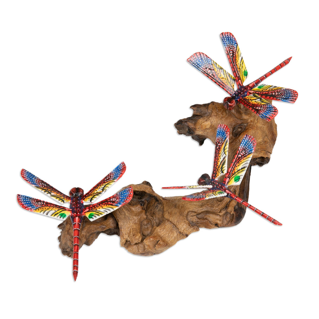 Wood Wall Art with Hand-Painted Dragonfly Motifs from Bali - Crimson Dragonfly