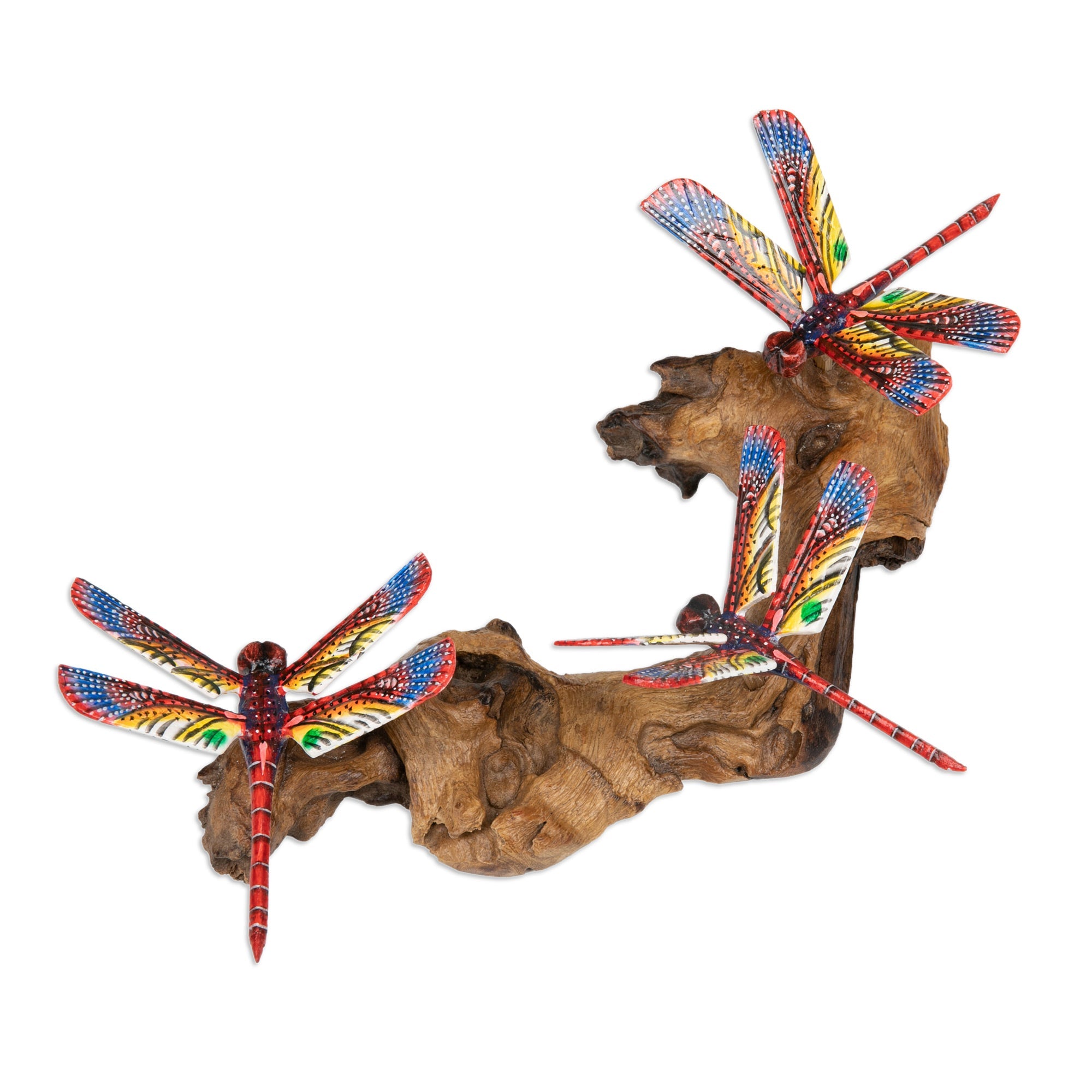 Wood Wall Art with Hand-Painted Dragonfly Motifs from Bali - Crimson Dragonfly