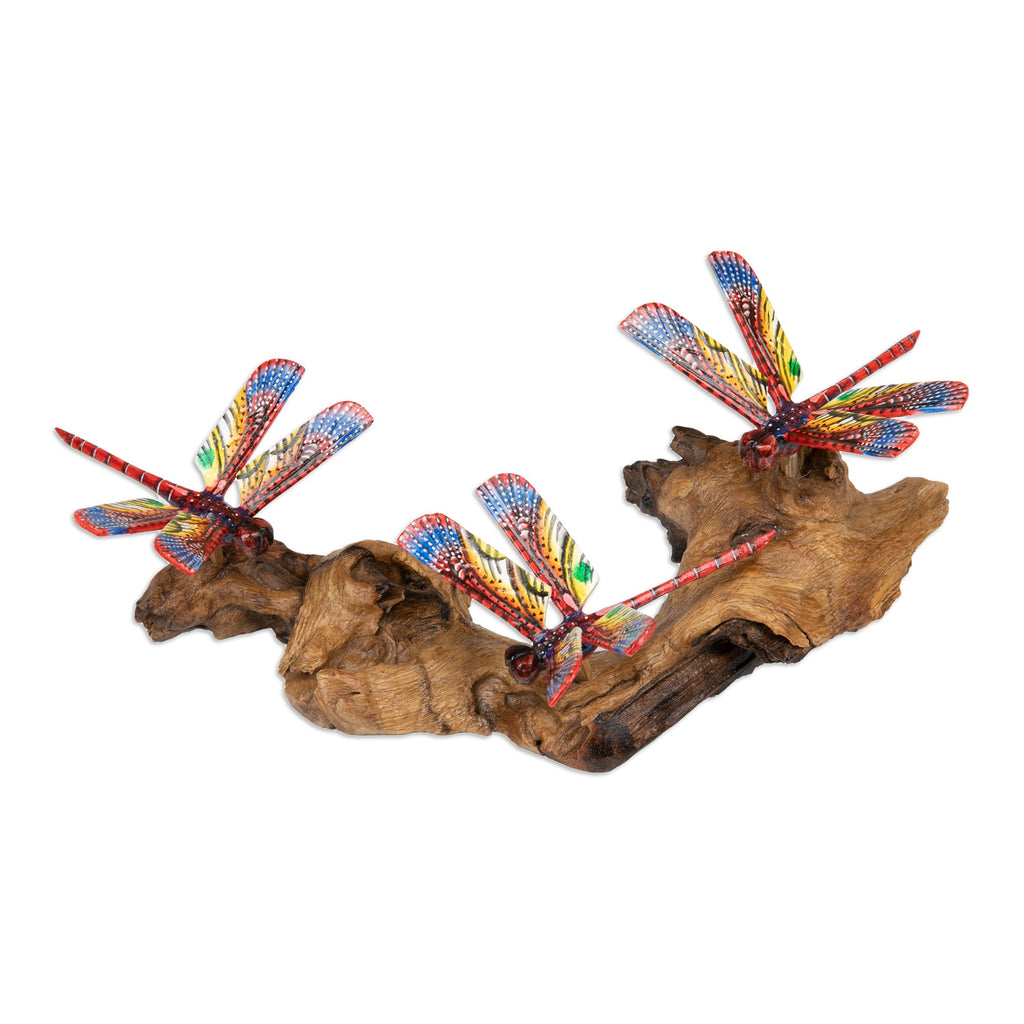 Wood Wall Art with Hand-Painted Dragonfly Motifs from Bali - Crimson Dragonfly
