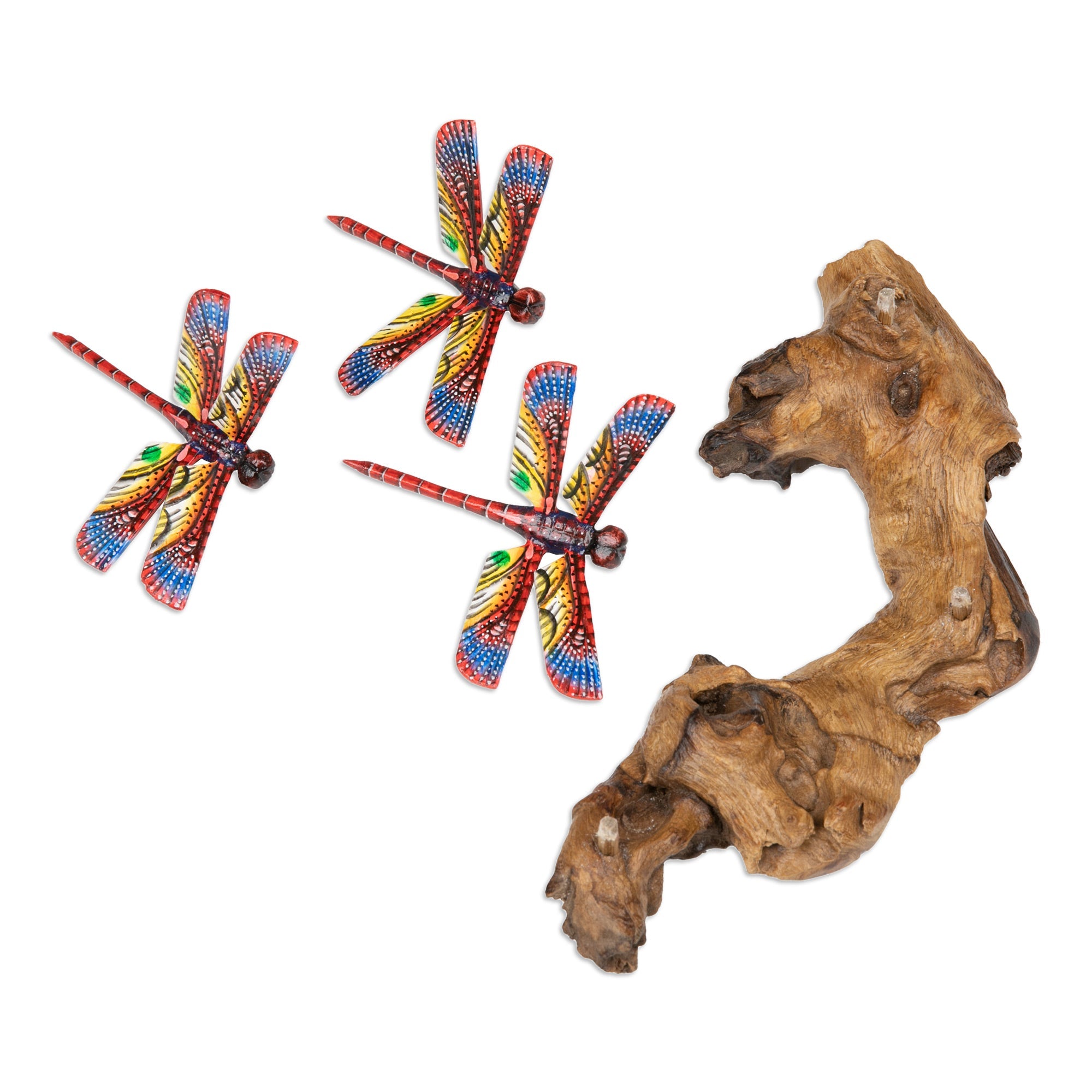 Wood Wall Art with Hand-Painted Dragonfly Motifs from Bali - Crimson Dragonfly