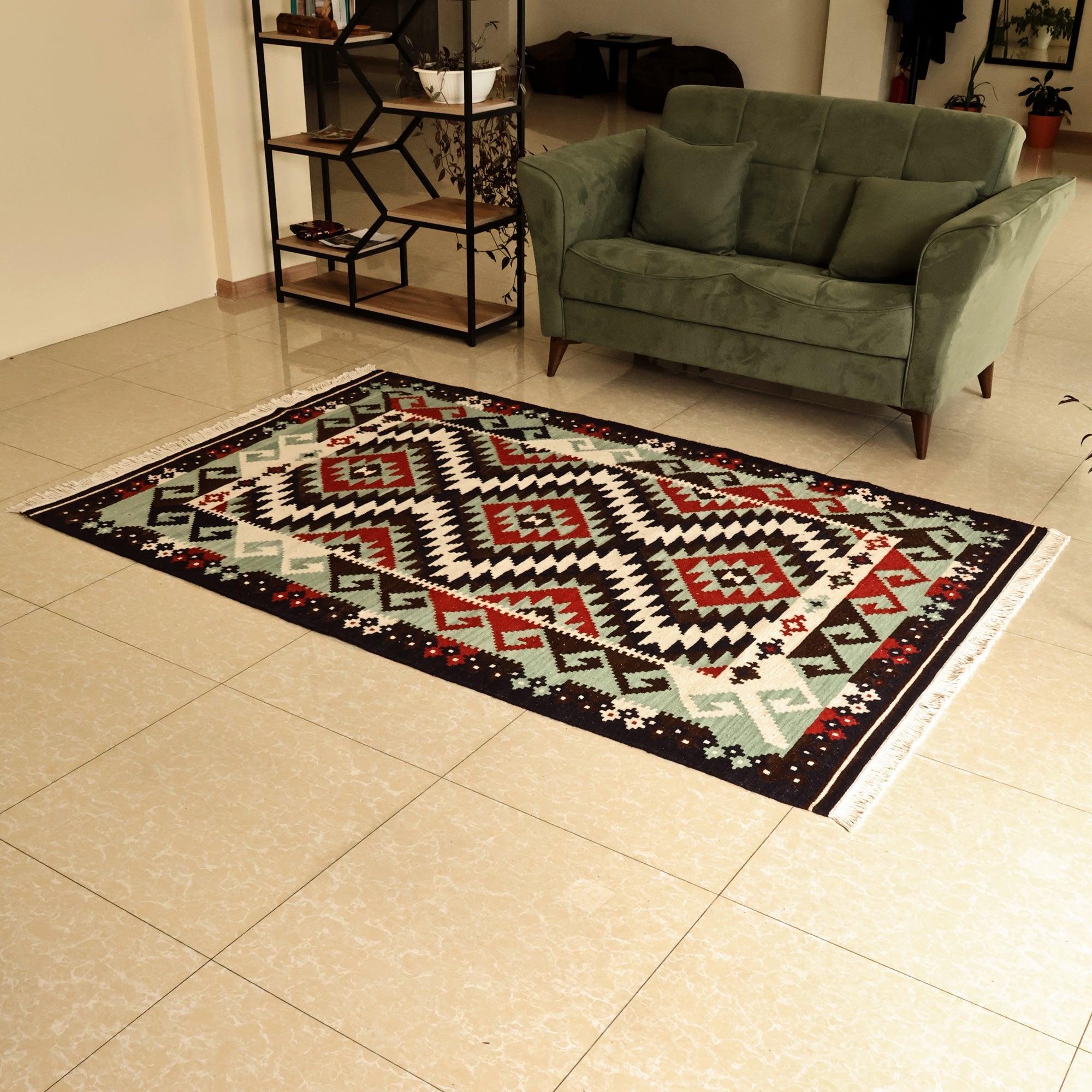 Armenian Geometric-Patterned Red and Brown Wool Rug (5x8) - Red of Glory