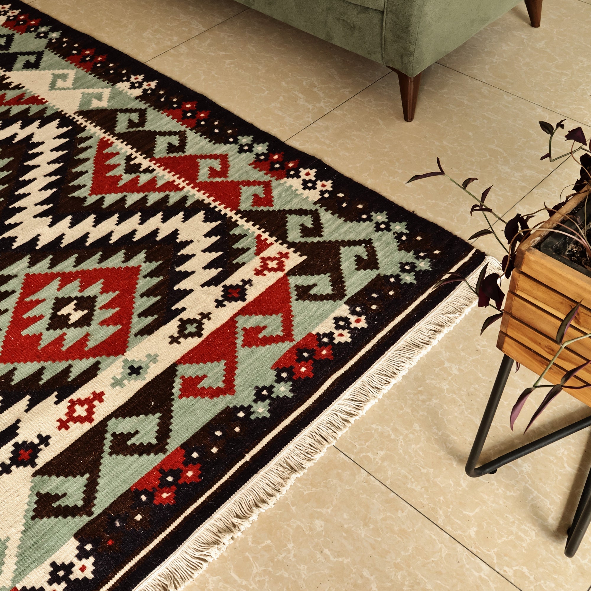 Armenian Geometric-Patterned Red and Brown Wool Rug (5x8) - Red of Glory