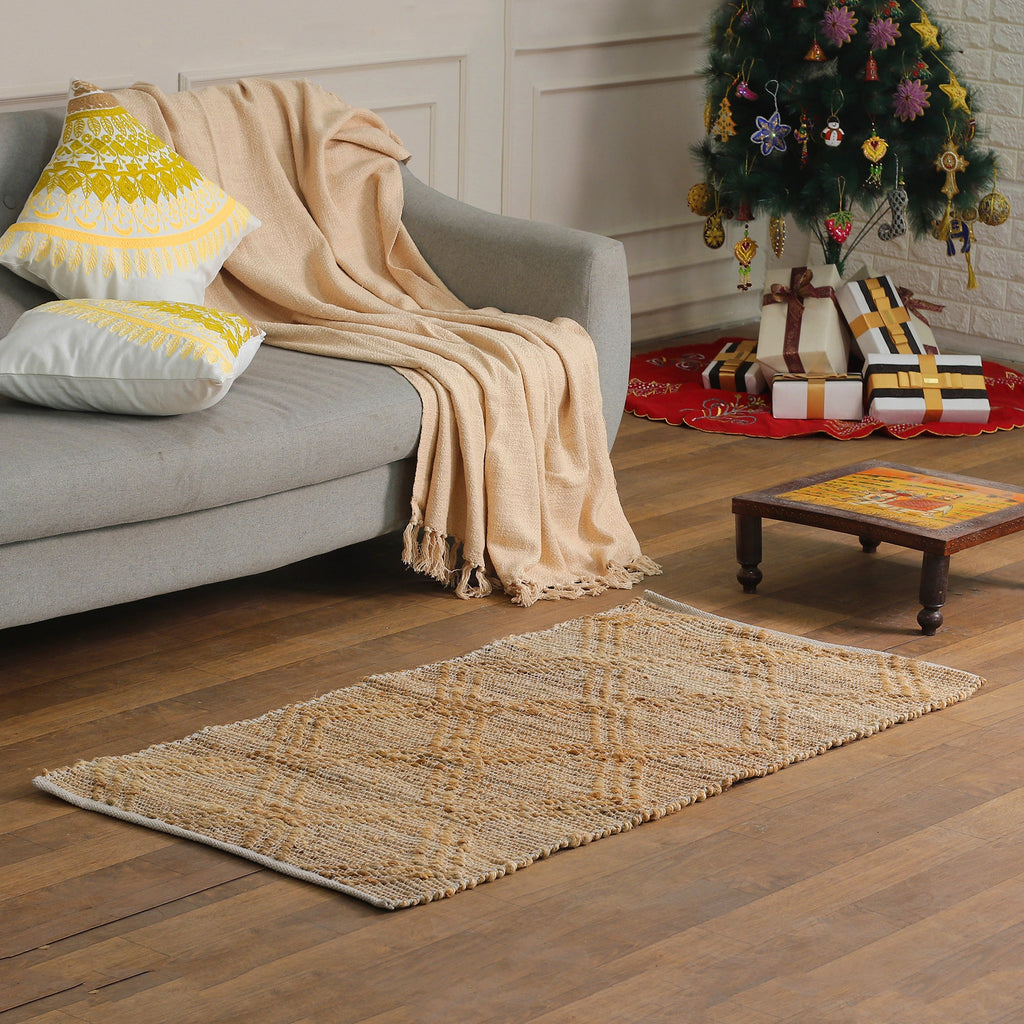 Diamond-Patterned Handwoven Cotton and Jute Area Rug (2x4) - Bohemian Class
