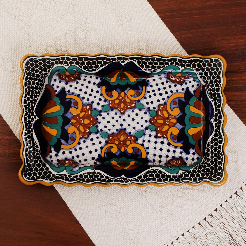 Floral Talavera Style Ceramic Platter from Mexico - Zacatlan Flowers