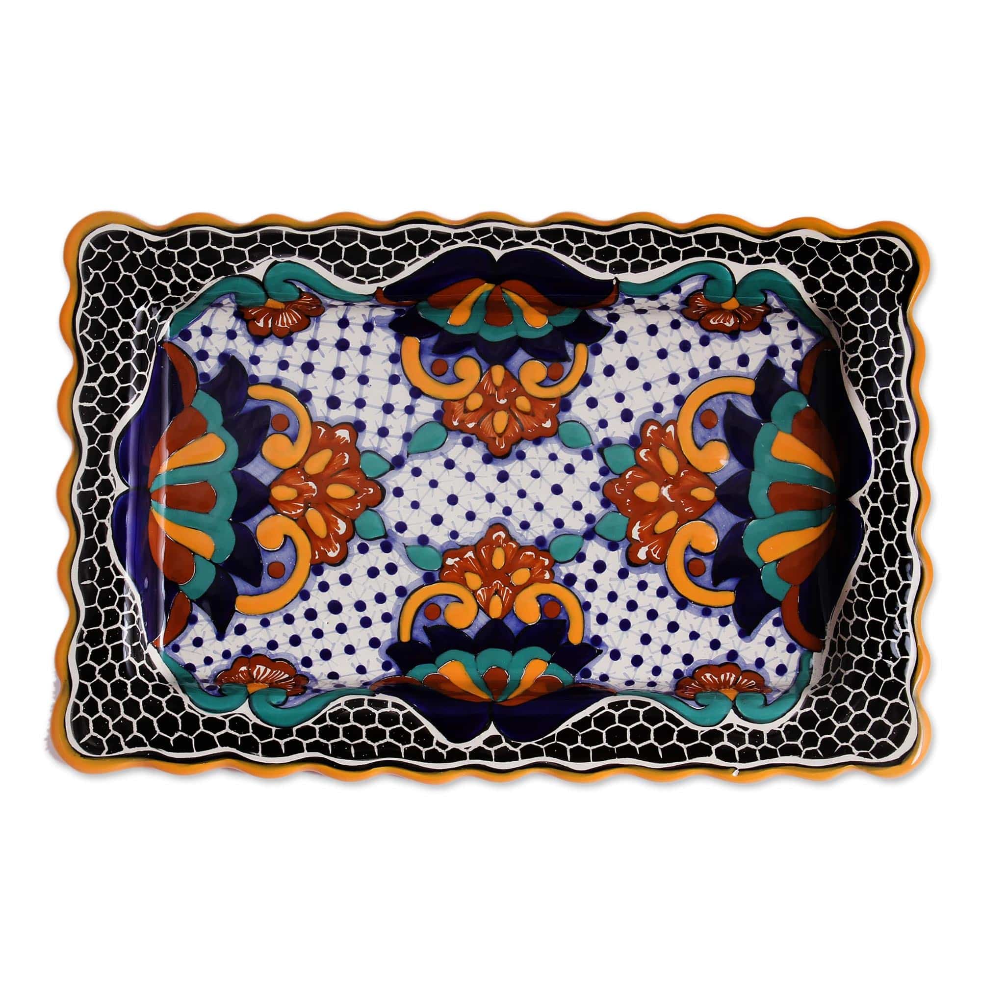 Floral Talavera Style Ceramic Platter from Mexico - Zacatlan Flowers