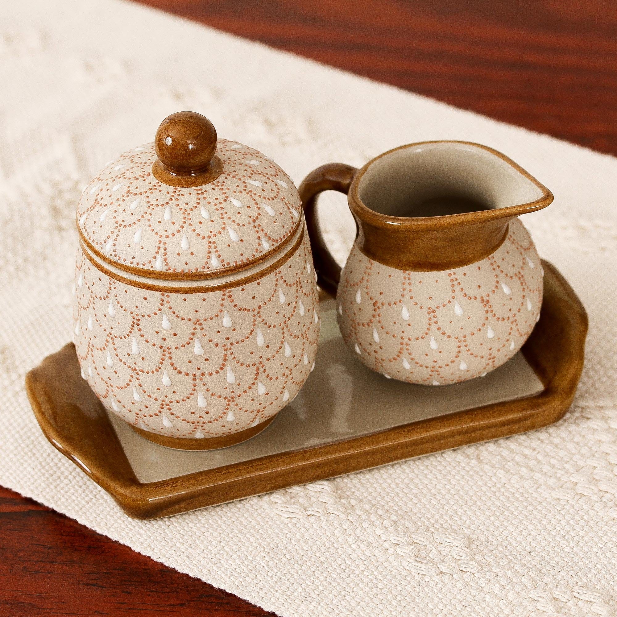 Beige Ceramic Sugar Bowl and Creamer 3-Piece Set with Tray - Terracotta Feathers