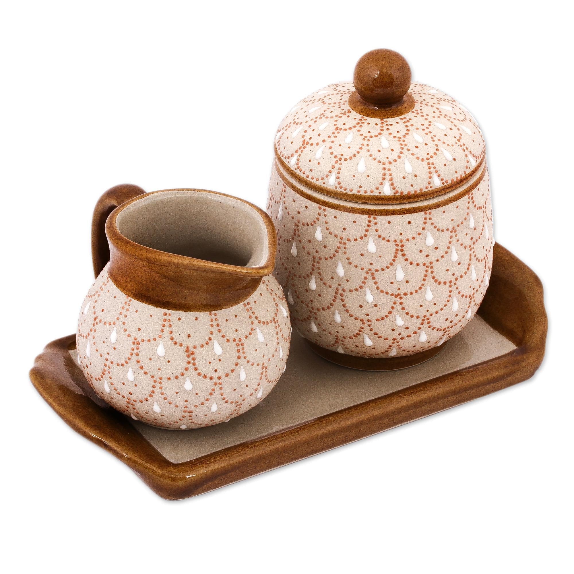 Beige Ceramic Sugar Bowl and Creamer 3-Piece Set with Tray - Terracotta Feathers
